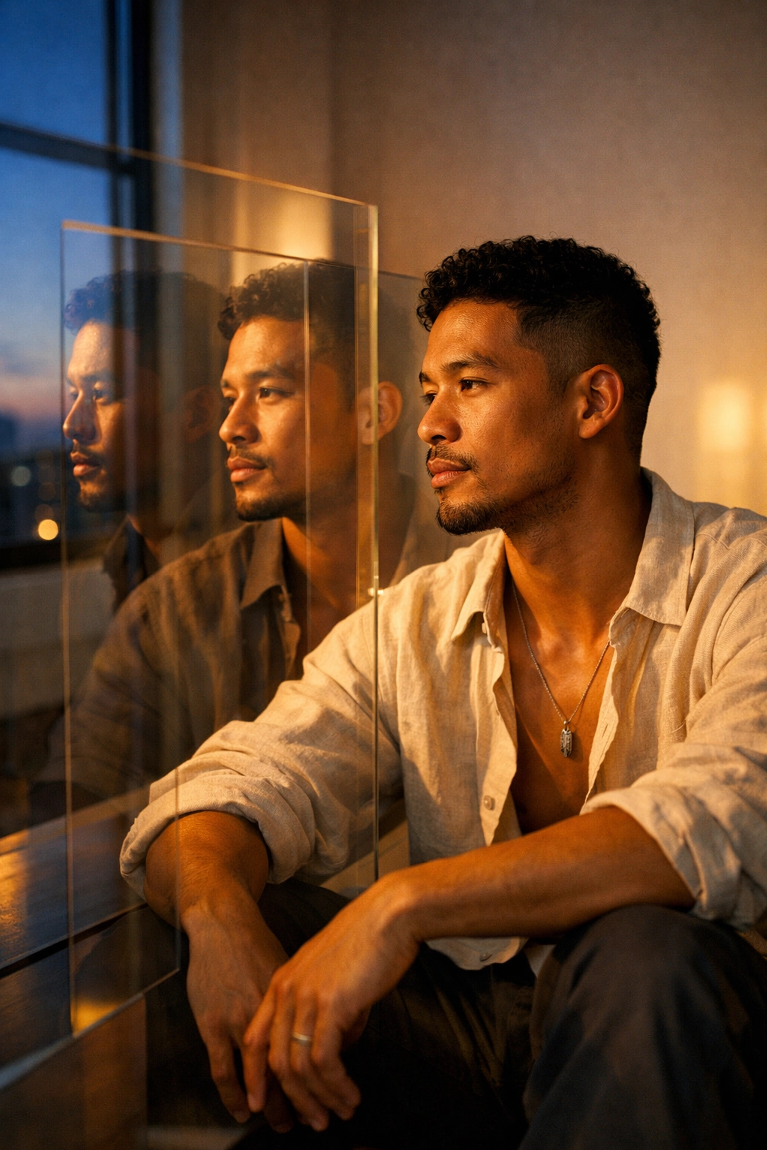 Mixed-race gay man reflecting on his intersectional identity, mirroring the complex themes found in queer fiction.