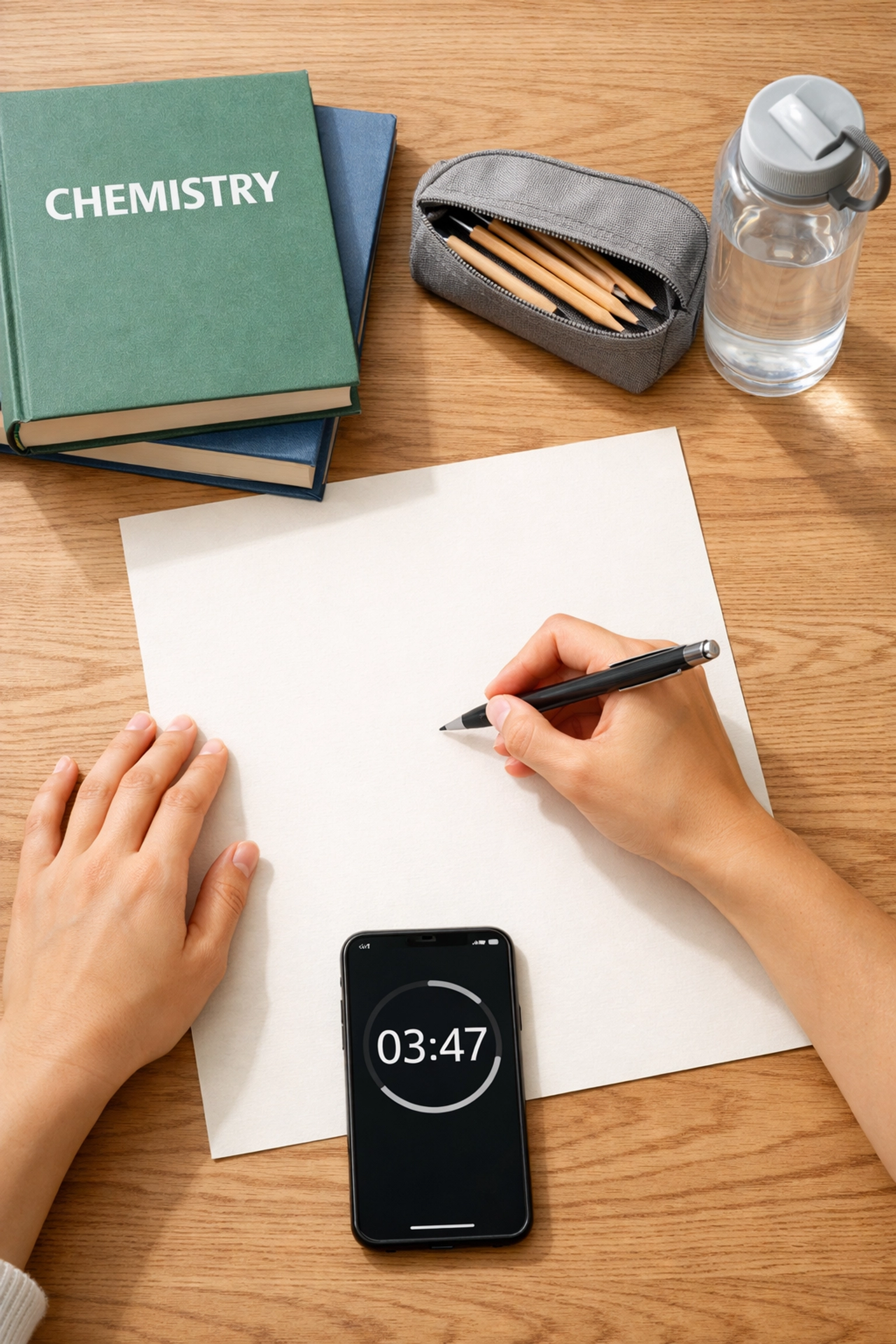 Student using blurting method for A Level Chemistry revision with timer and blank paper