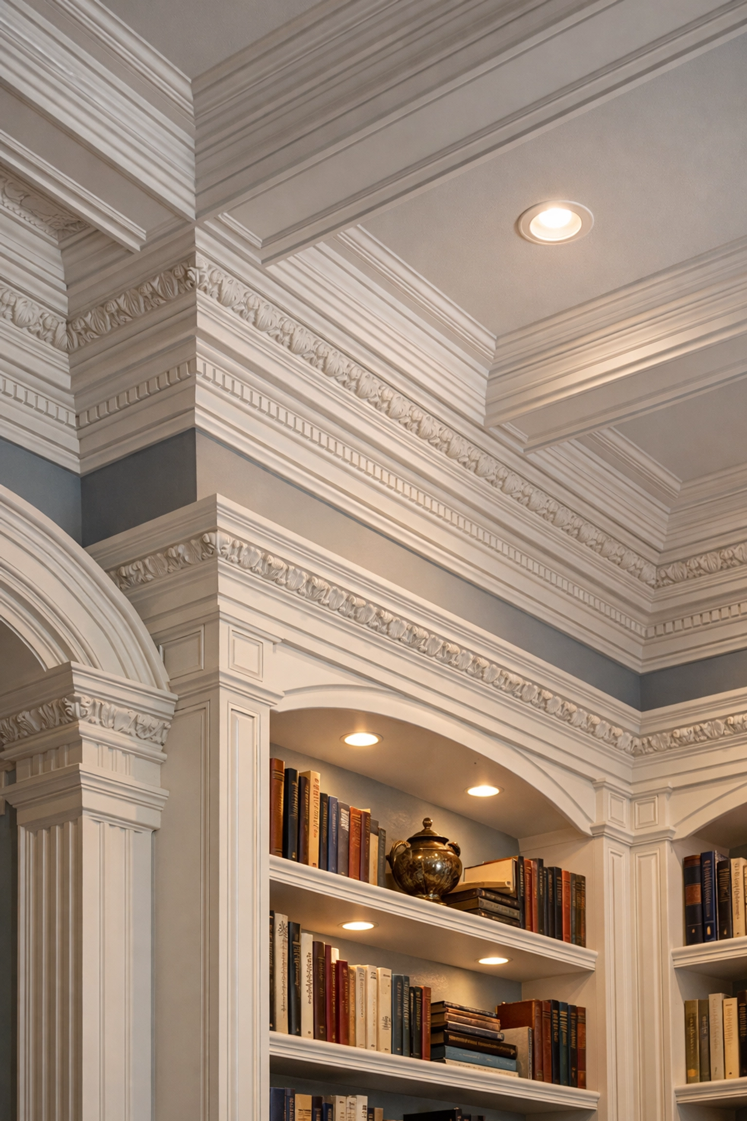 Dust-free coffered ceilings in a luxury home library after a thorough deep cleaning Wellesley MA.