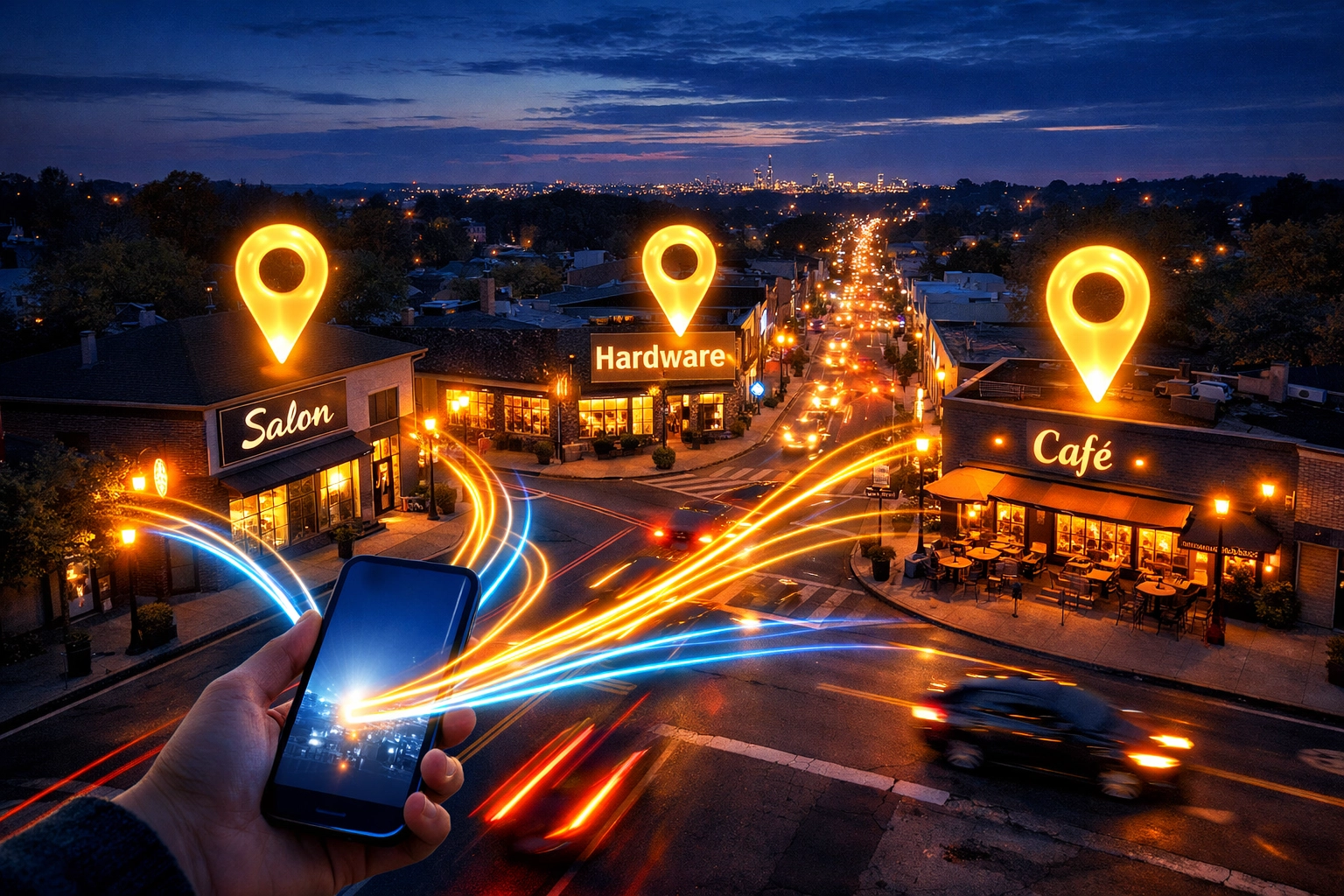 A digital visualization of local seo services connecting mobile users to small businesses in Westchester New York.