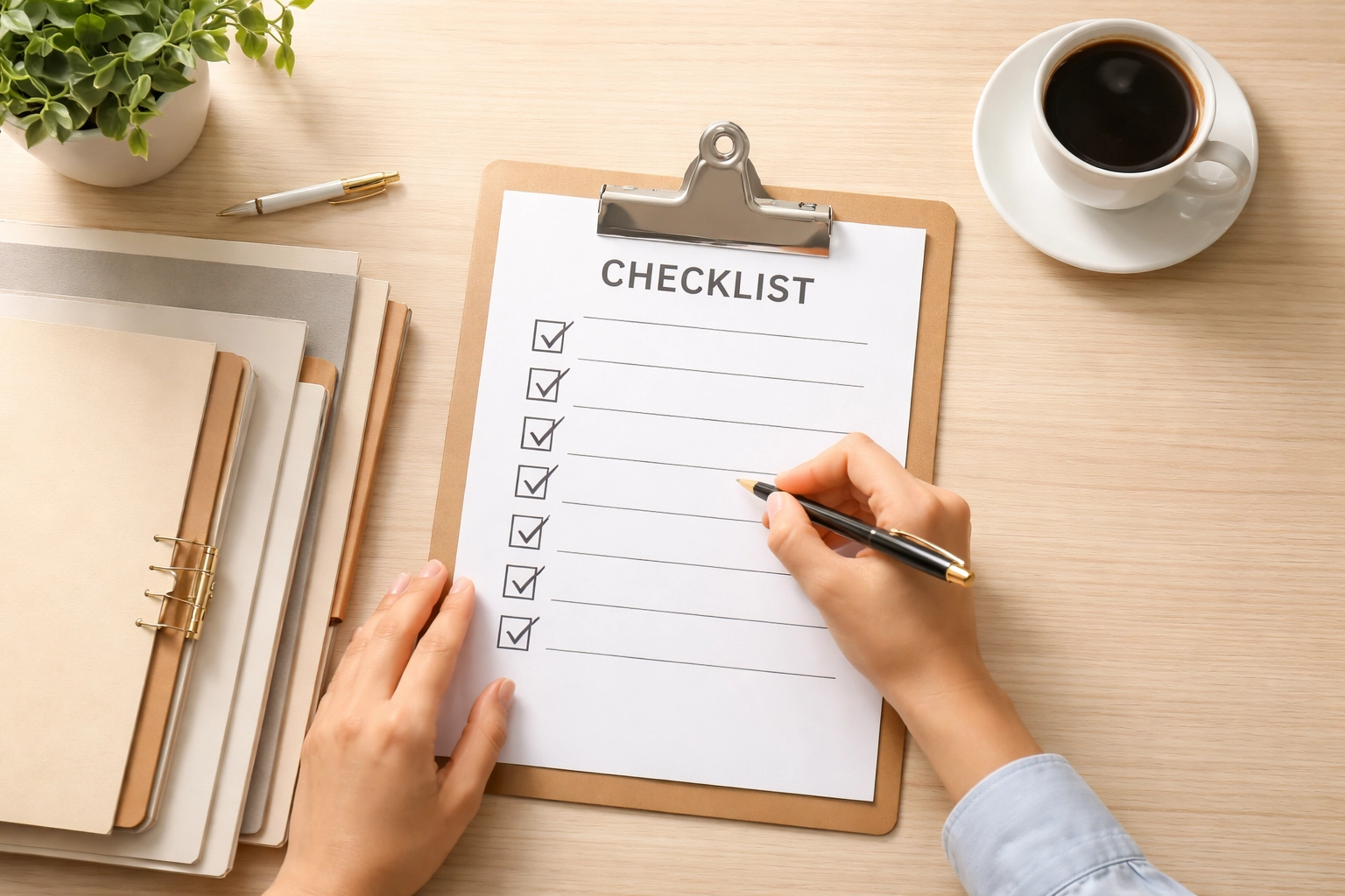 Organized desk with checklist and folders representing efficient W-9 and 1099 preparation for small business bookkeeping