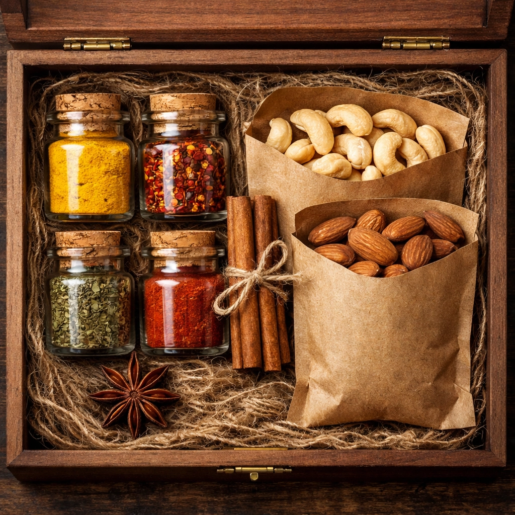 A curated spice gift hamper online India featuring artisanal spice jars and premium dry fruits.
