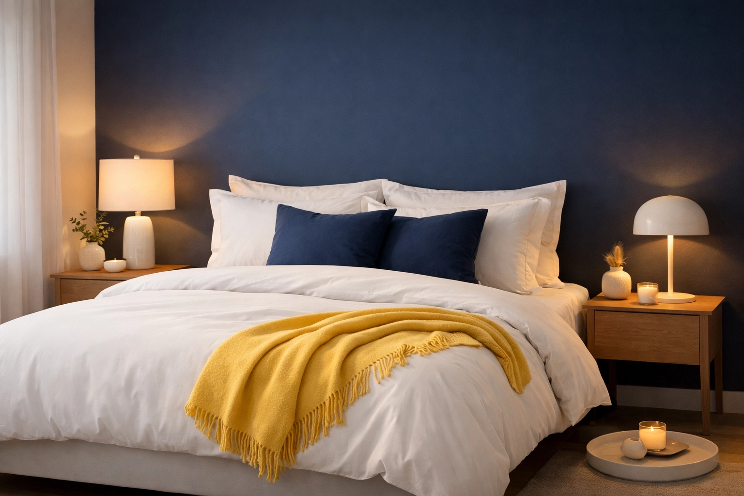House cleaning for better sleep - serene clean bedroom with crisp white bedding, navy accents, and subtle yellow decor