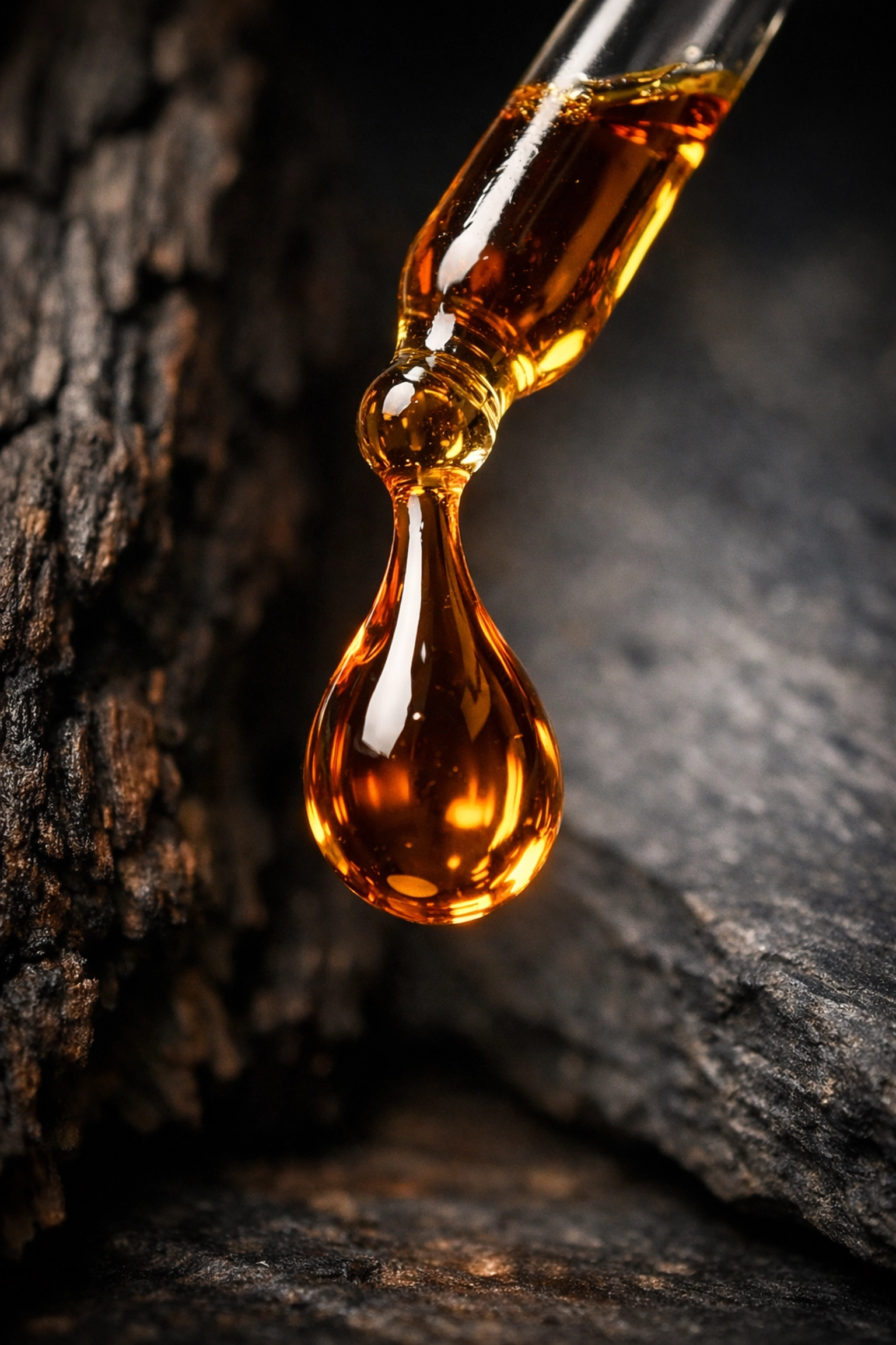 A golden drop of high-concentration parfum extrait beard oil representing premium fragrance quality.