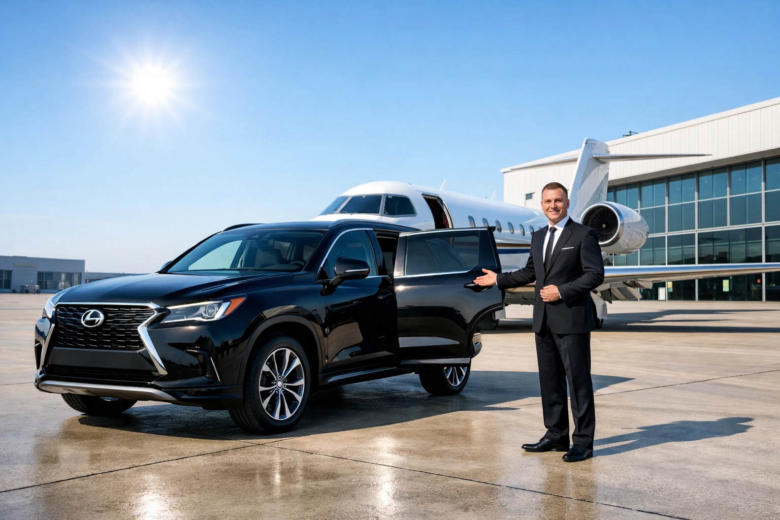 Luxury private jet and SUV transport for elite Super Bowl corporate travel logistics.