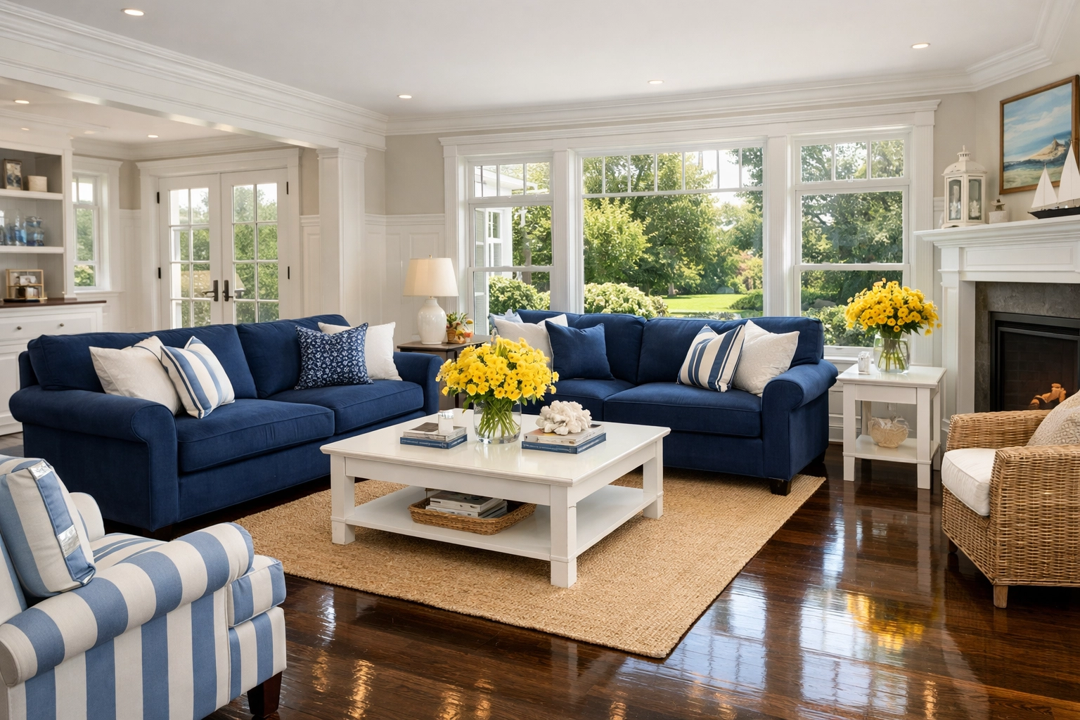 Pristine Cape Cod living room in Sandwich, MA, featuring professionally cleaned hardwood floors.