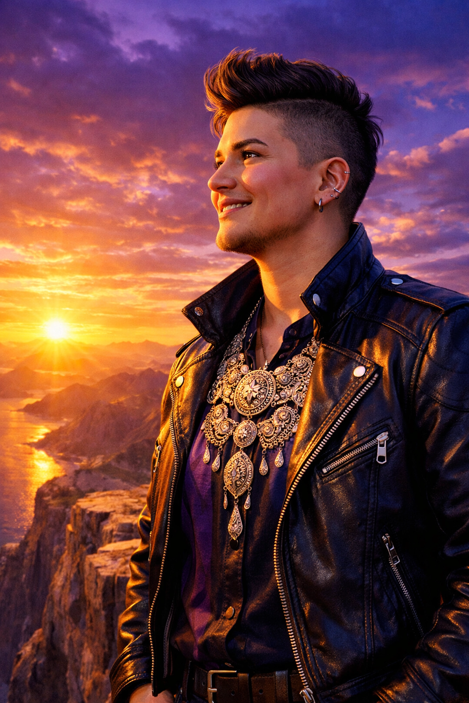 Modern queer person overlooking a landscape, connecting historical legacy with the future of LGBTQ+ pride.