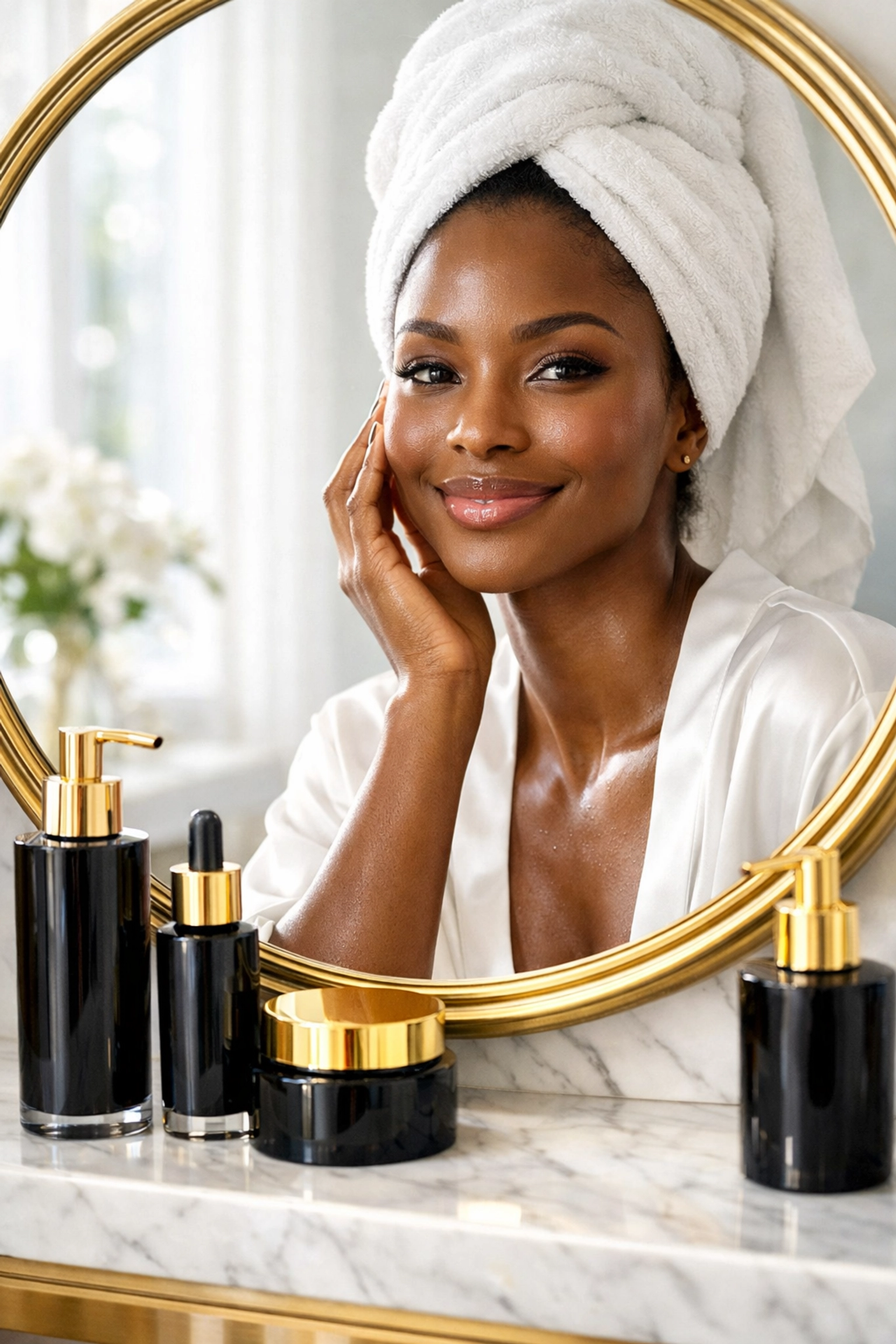 Why Buying Black Will Change the Way You Think About Your Daily Shopping Habits A Black woman enjoys her self-care routine using premium beauty products from Black-owned brands.