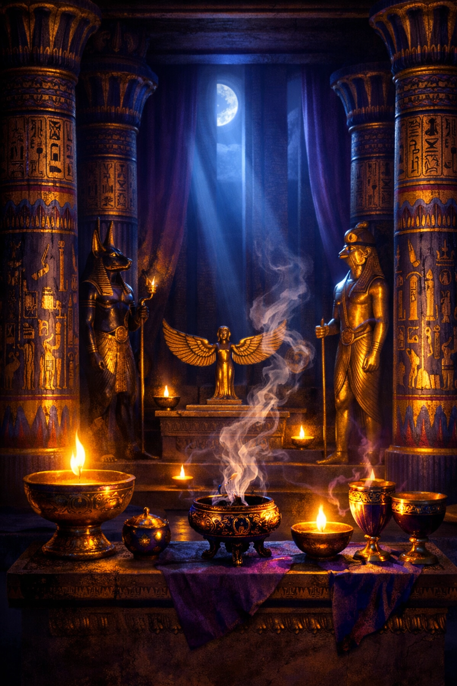 Ancient Egyptian temple interior with hieroglyphic columns and sacred incense - gay historical romance setting
