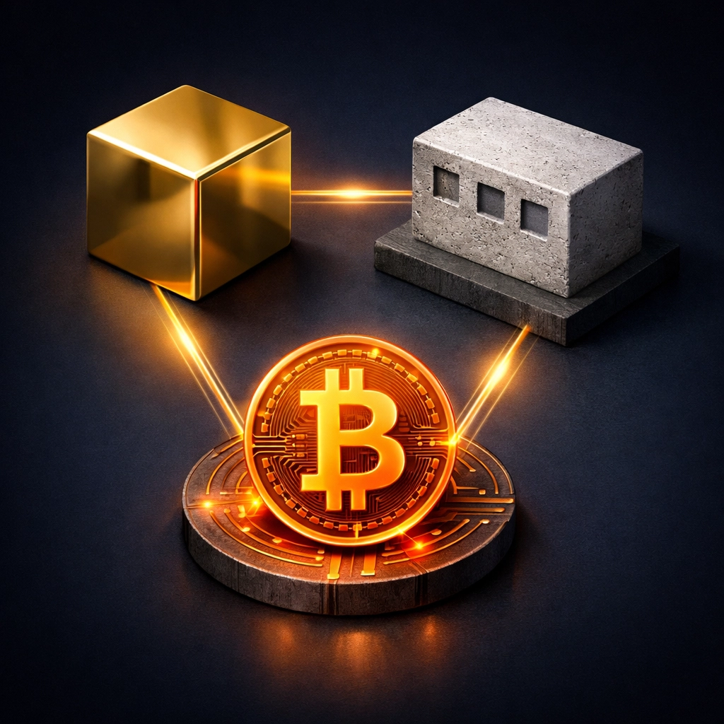 Three interconnected investment pillars: private equity, real estate, and Bitcoin forming a balanced portfolio