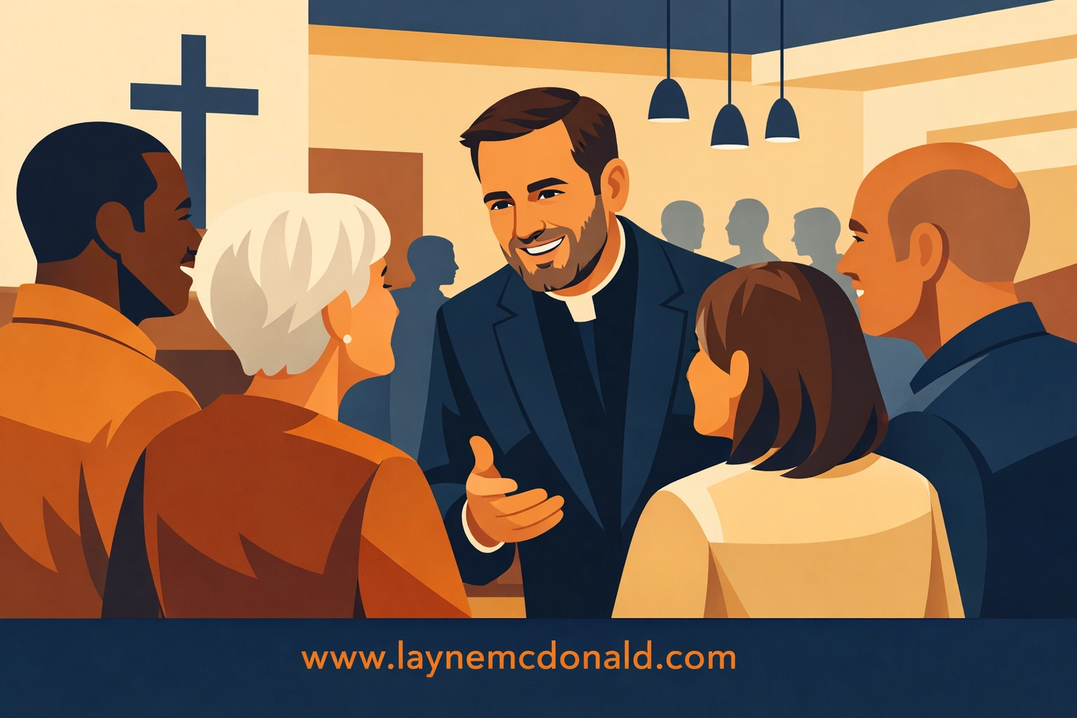 Church leader engaging in conversation with congregation members in fellowship area