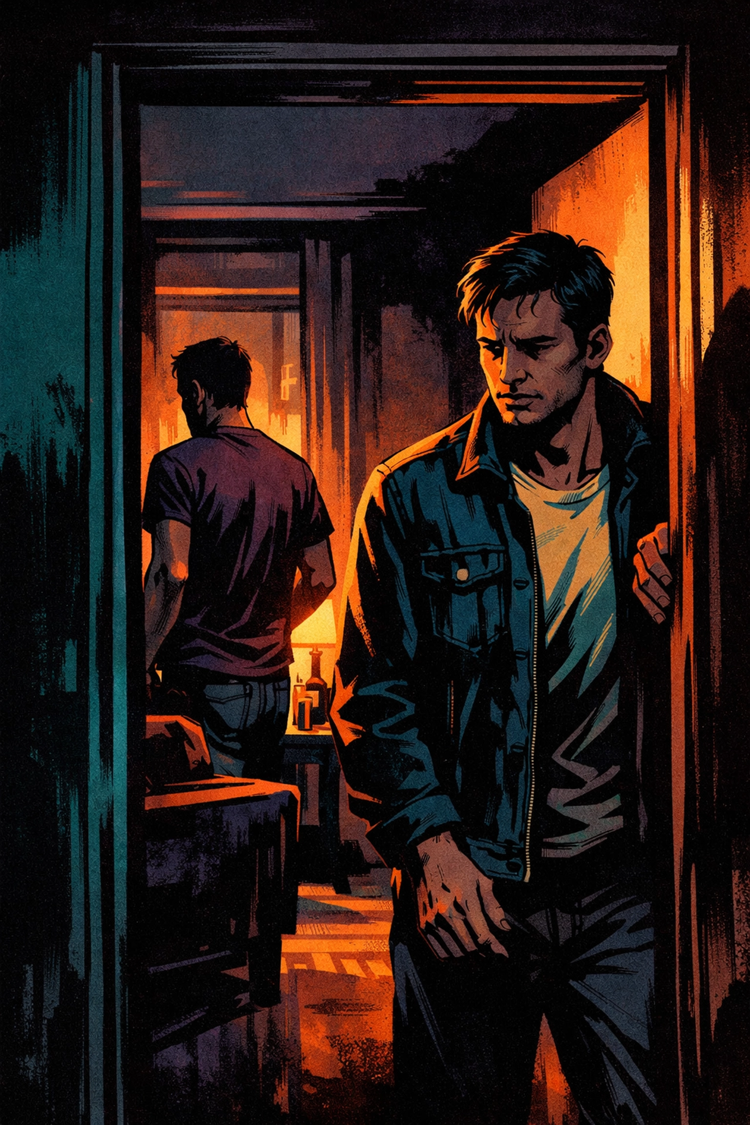 Gay couple navigating difficult conversation in apartment doorway