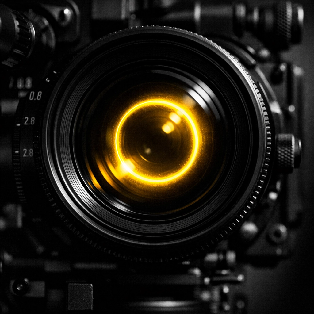 Professional cinema camera lens reflecting yellow light, capturing high-quality visuals for a business content day.