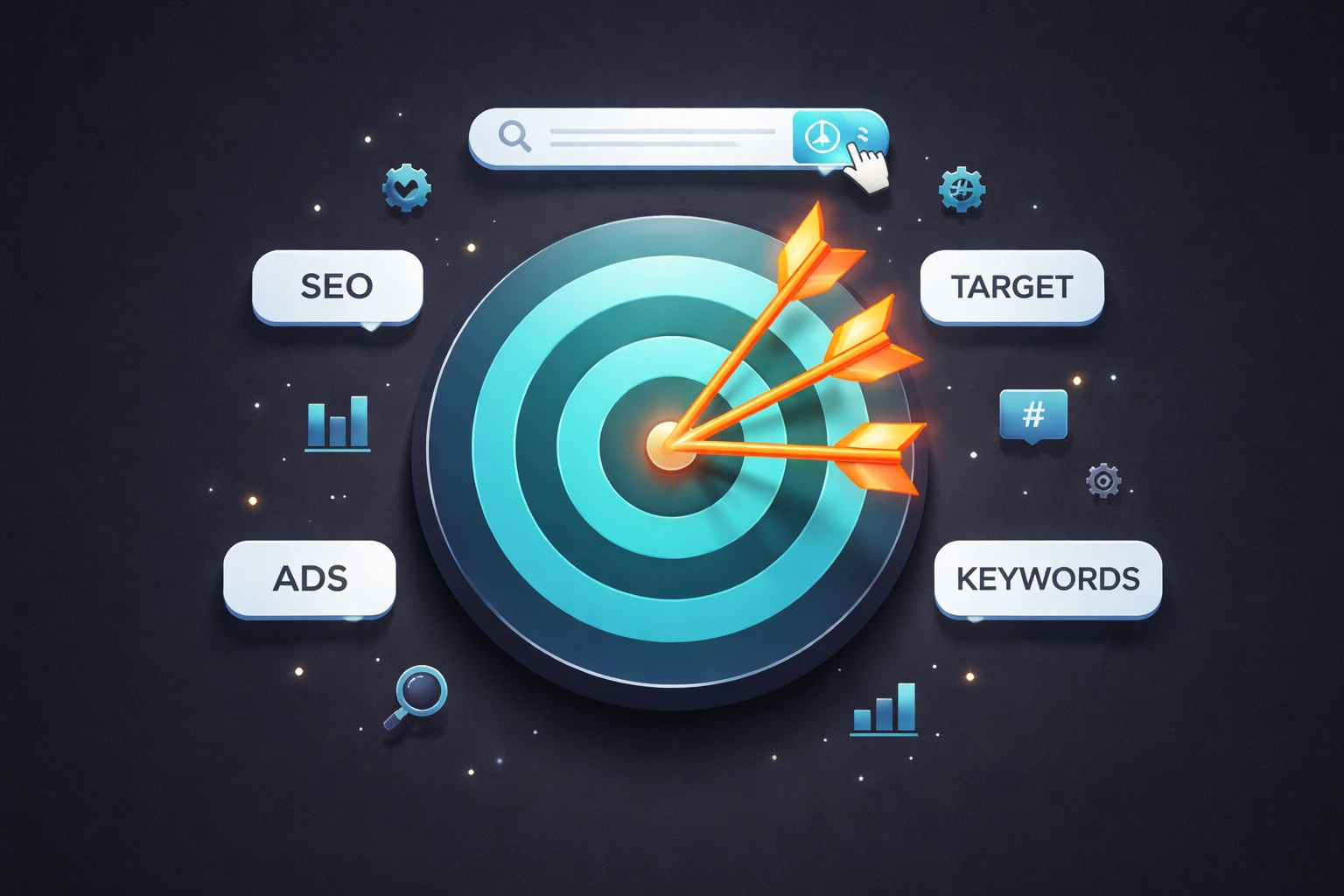 Graphic of a bullseye with keyword tags and arrows, representing high-intent keyword targeting for Magento Google Ads campaigns.