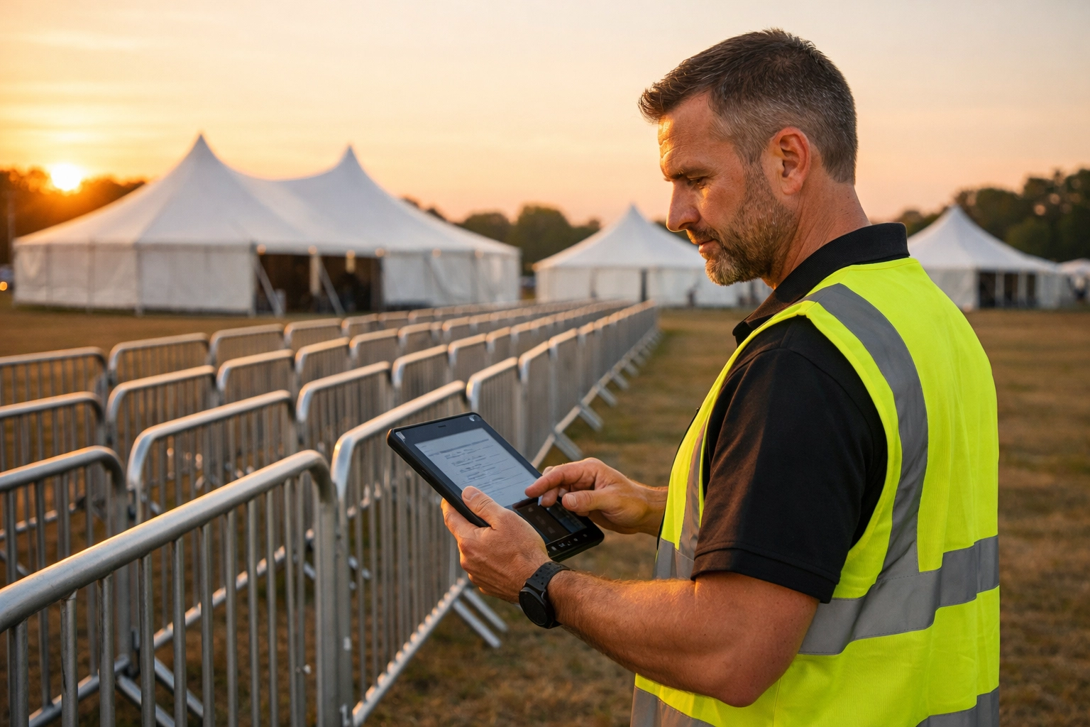 Professional security supervisor performing a safety audit at an outdoor festival venue.