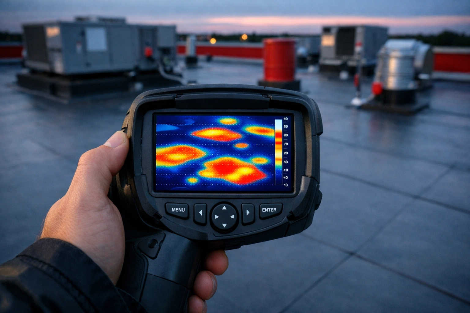 Infrared thermal imaging camera detecting moisture under a commercial flat roof membrane in Salisbury.