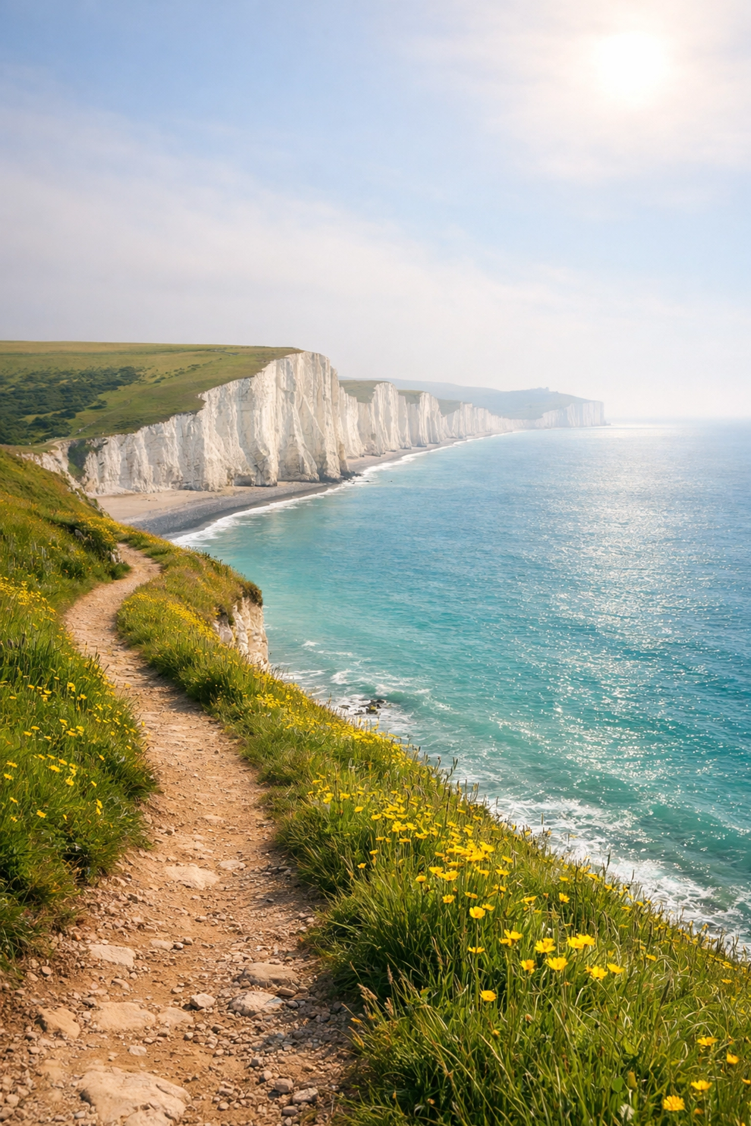 Scenic clifftop path along the Seven Sisters white cliffs, a popular route for guided hiking tours in the UK.