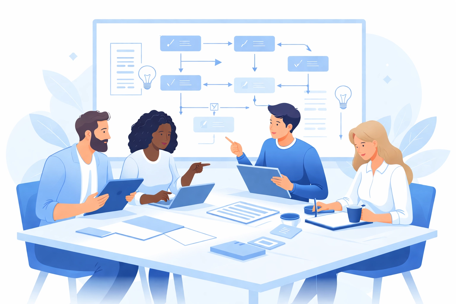 Vector illustration of a diverse team planning a website project together to highlight organized web design process