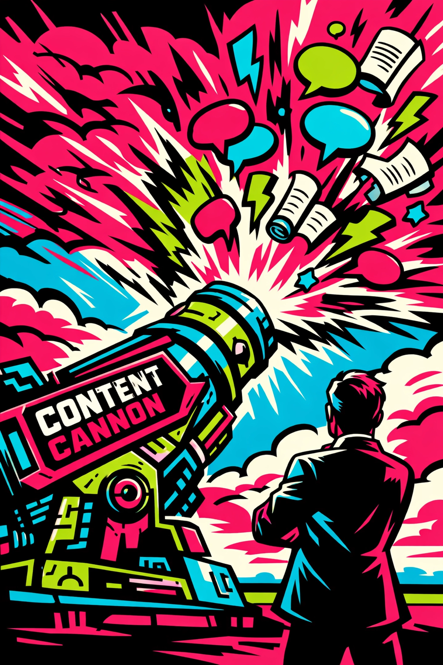 A dynamic AI content generator for small business producing a blast of creative marketing materials.