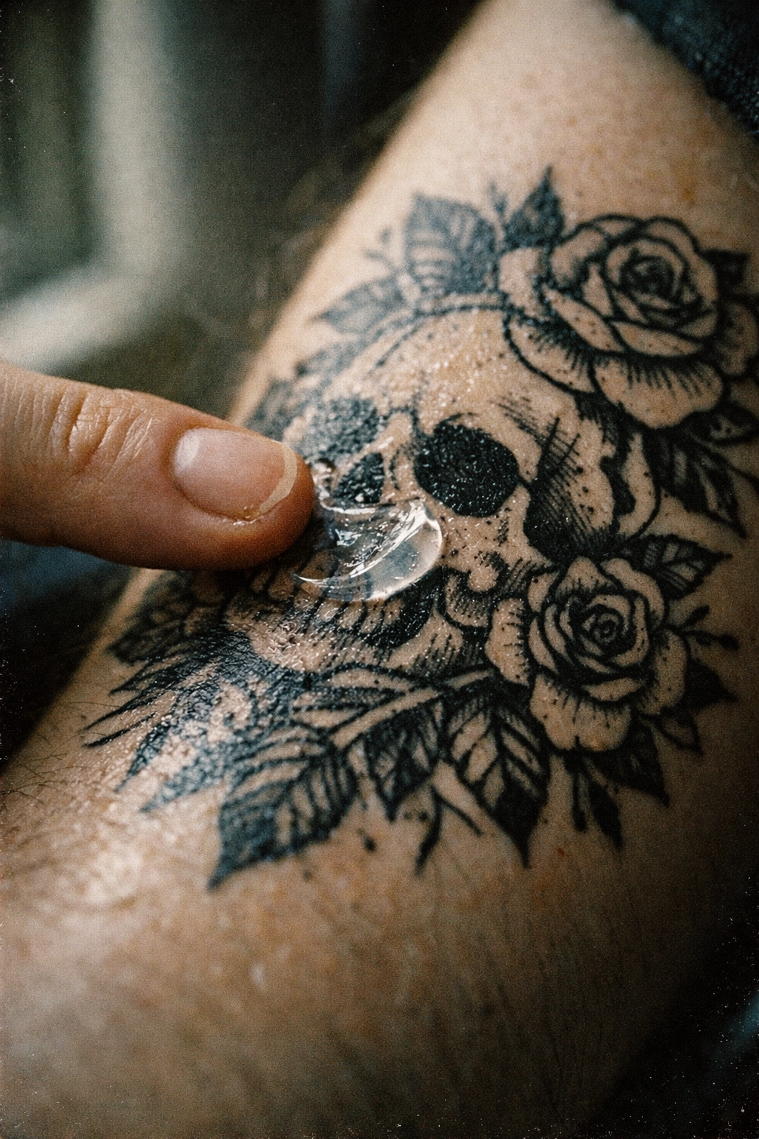 Applying a thin layer of fragrance-free lotion to a forearm tattoo for proper tattoo aftercare instructions.