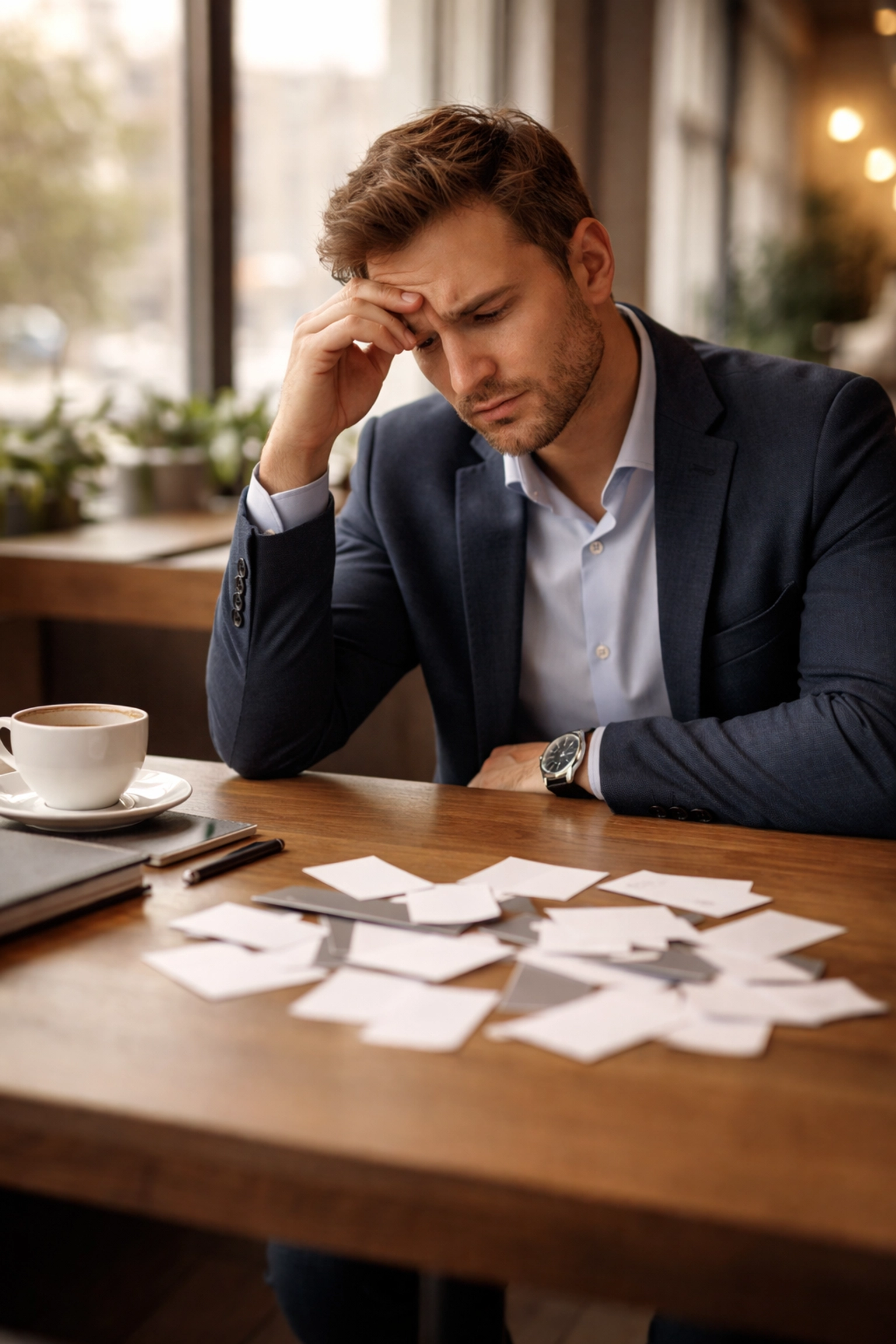 Business professional reviews networking business cards alone at a coffee shop, questioning networking ROI