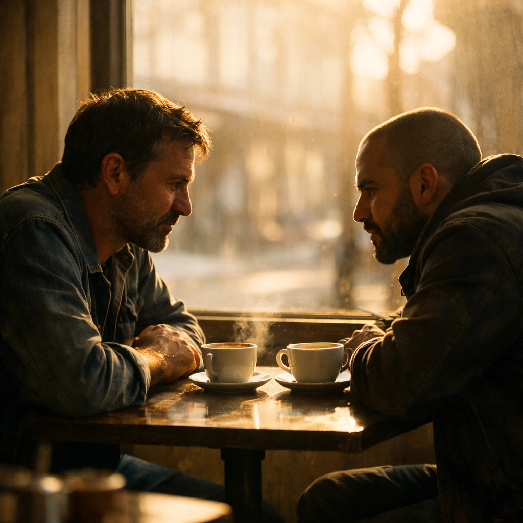 Gay couple in deep conversation at morning café after blindfold social connection