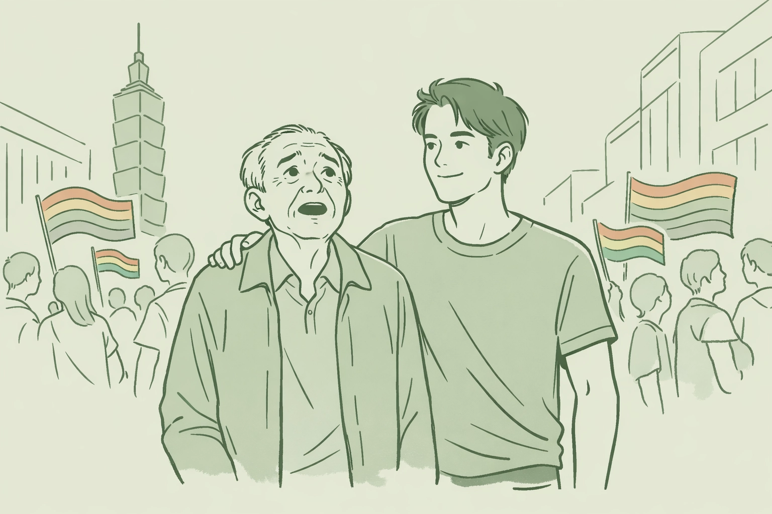 Intergenerational gay couple at Taiwan LGBT Pride parade with rainbow flags in Taipei