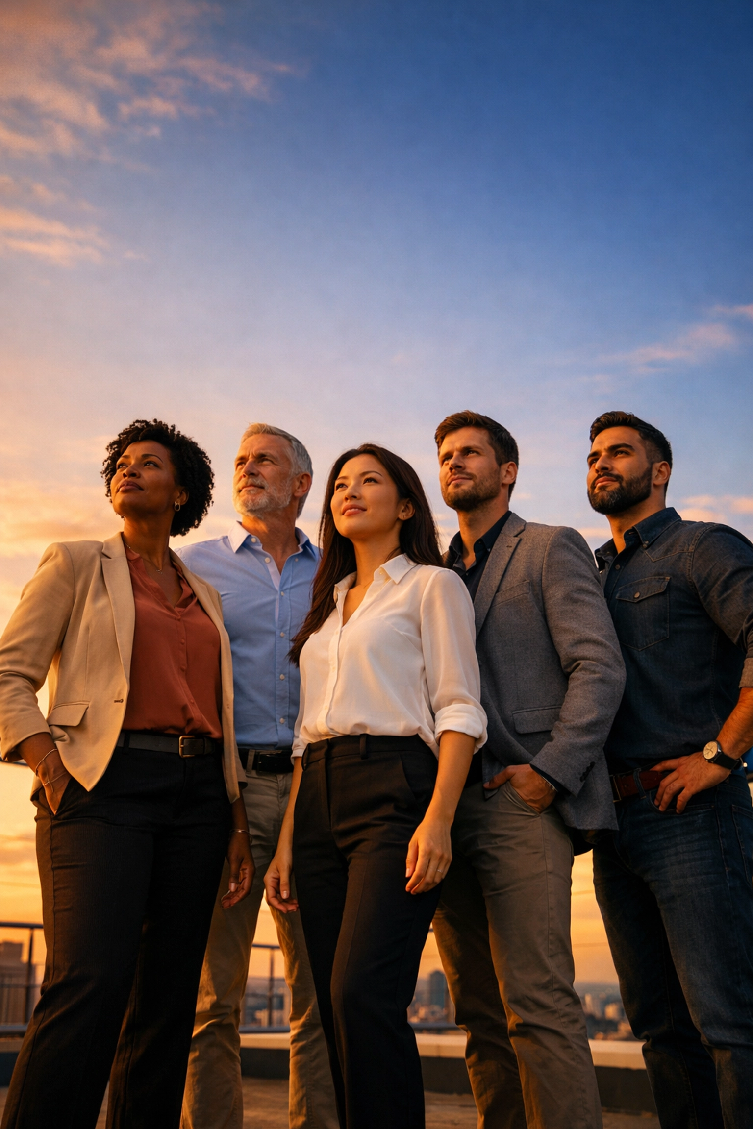 Diverse professional team looking toward future with hope and optimism