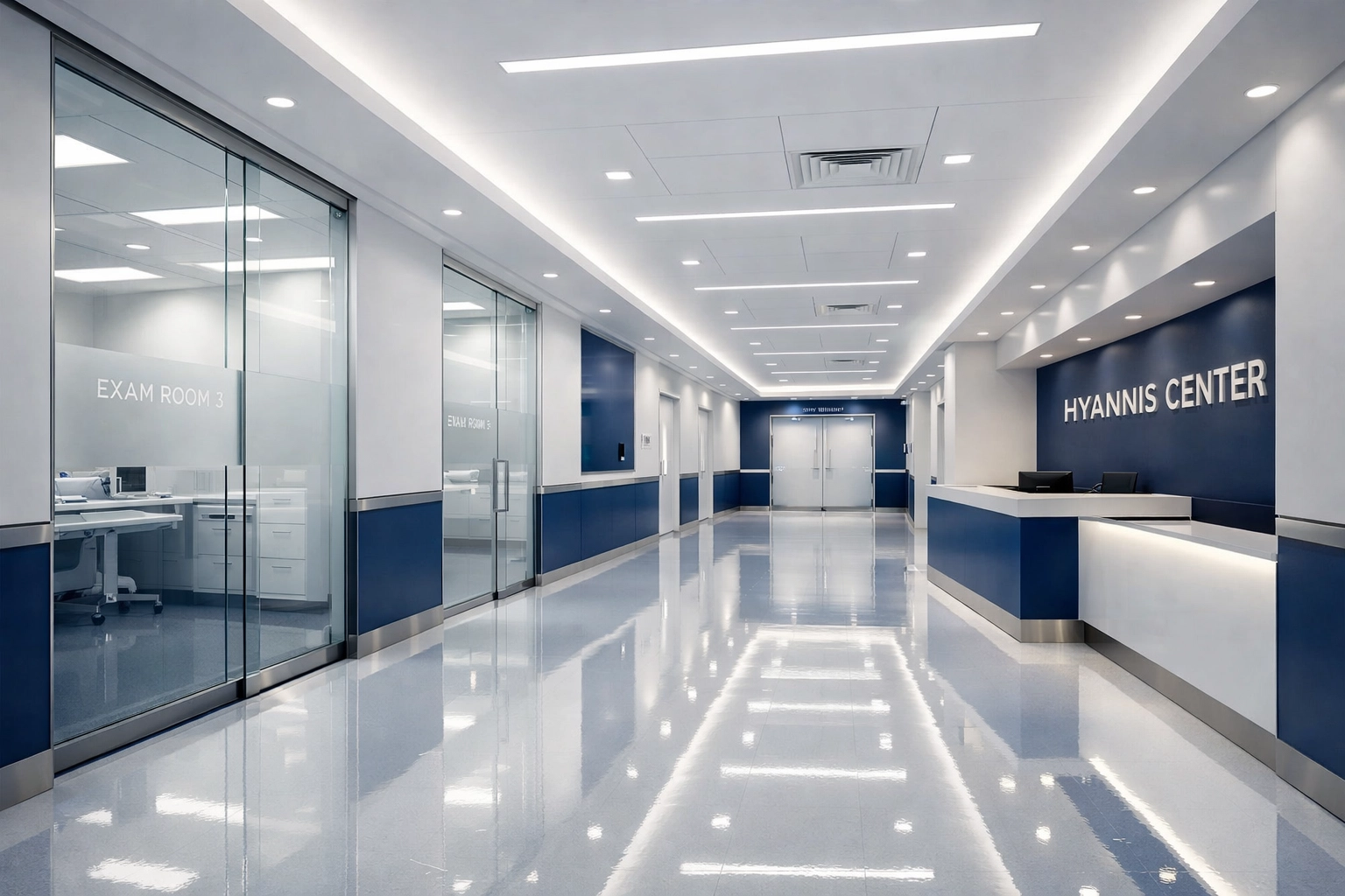 Sterile medical facility corridor in Hyannis showcasing professional sanitation and office maintenance.