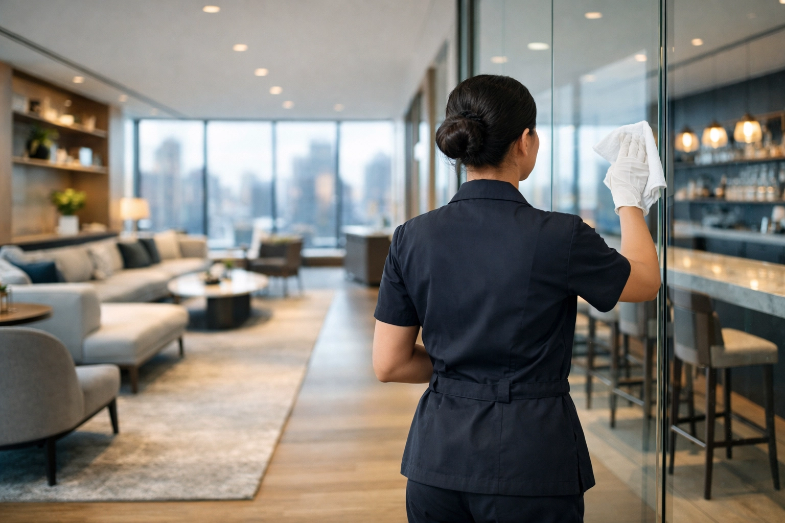 Professional cleaner in a Sydney CBD office representing reliable commercial cleaning companies.