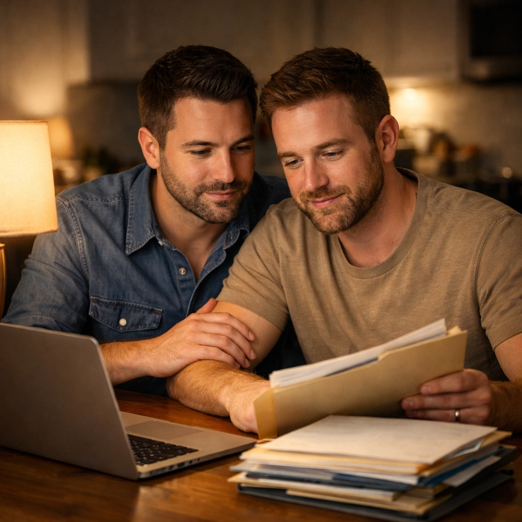 A gay couple sits at a table together, researching family planning and LGBTQ+ infertility support options.