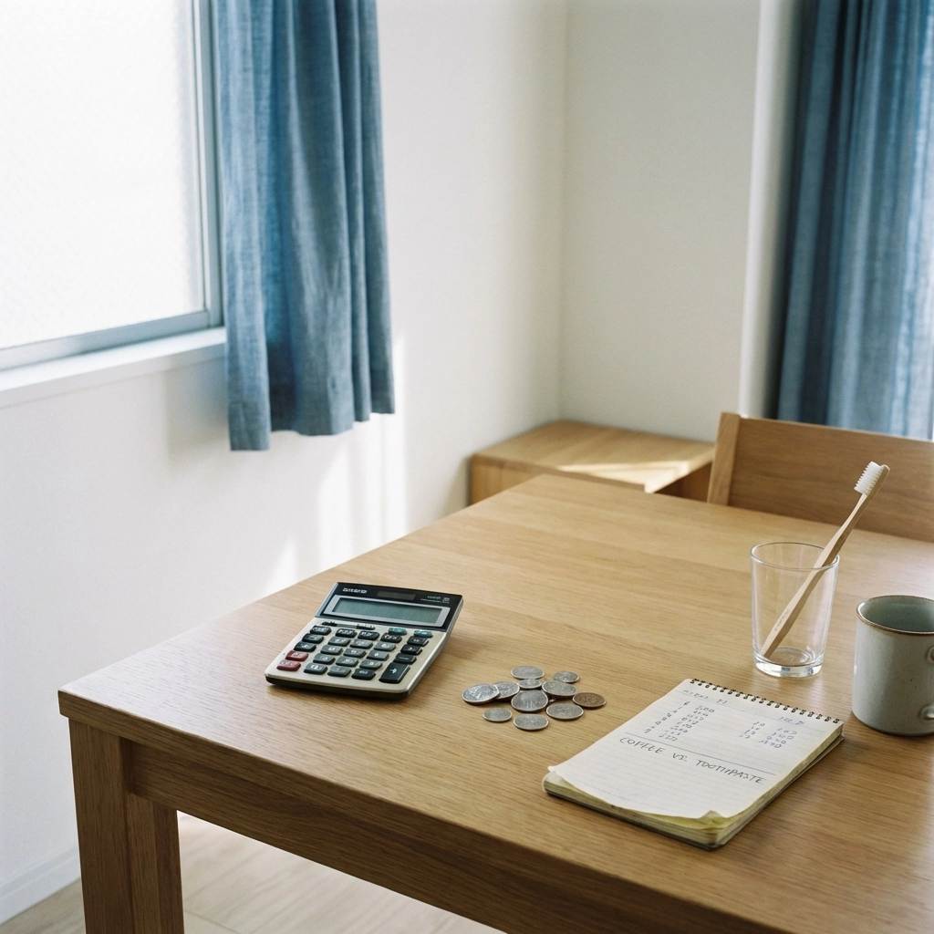 Minimal desk scene with calculator, coins, and toothbrush, illustrating dental insurance math and value
