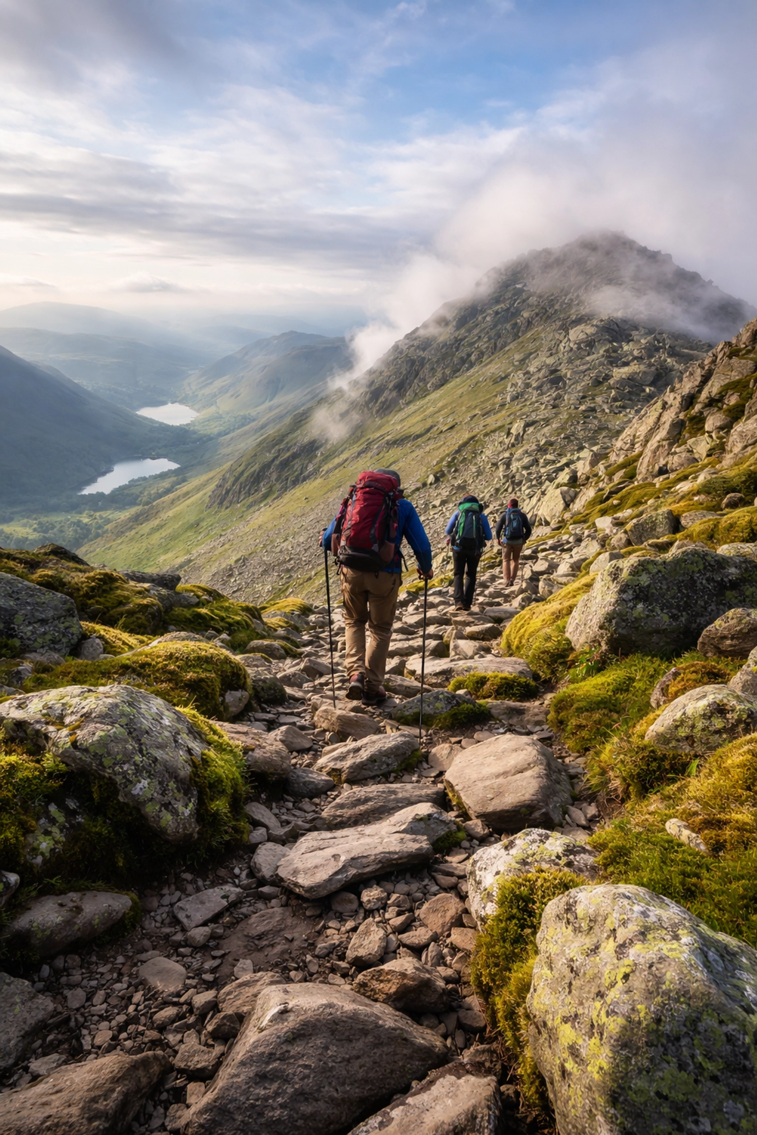 Hikers climb Scafell Pike on a guided Lake District walk with panoramic mountain and valley views.