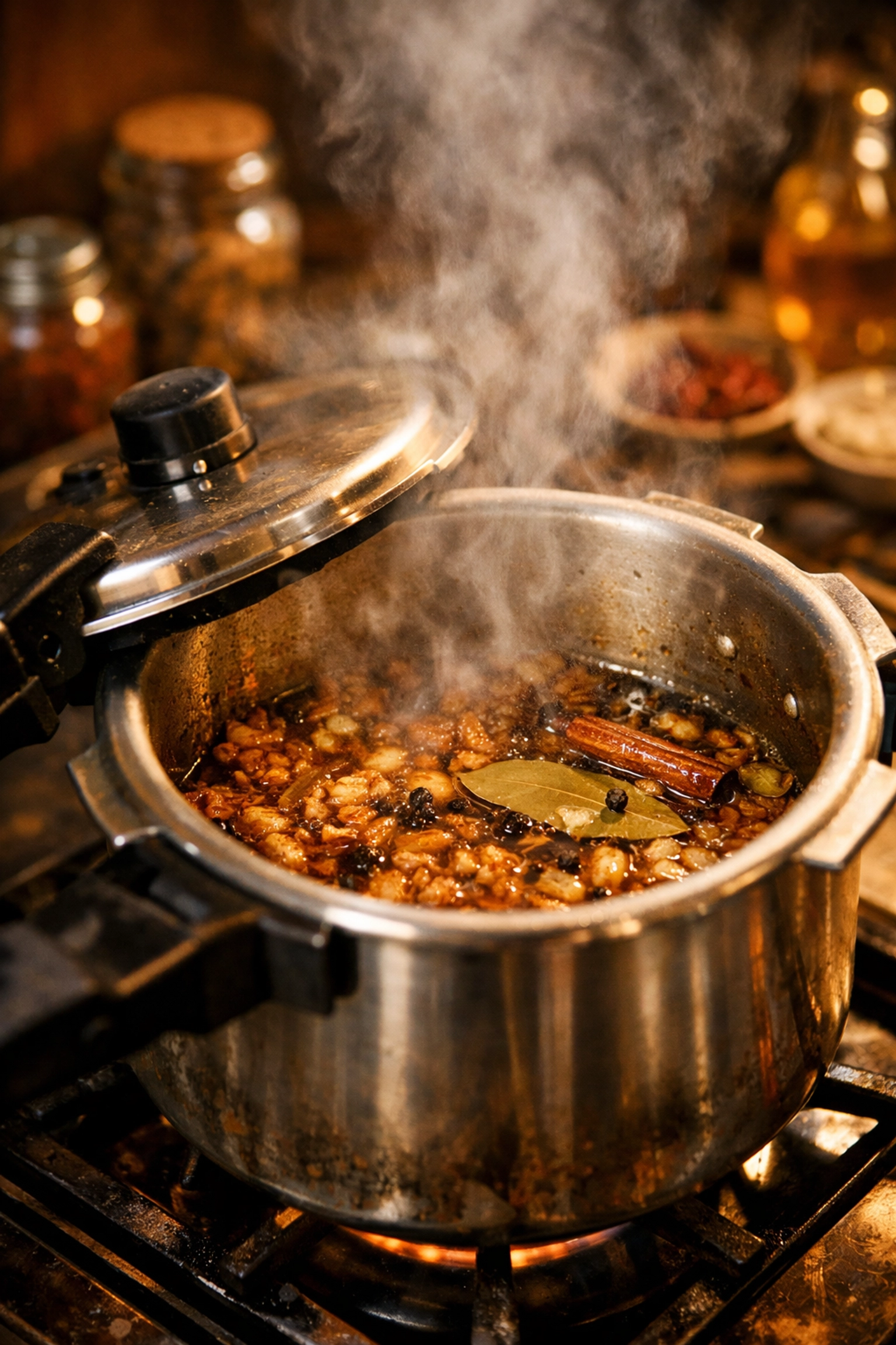 Pressure cooking mutton curry with onions and whole spices on stovetop