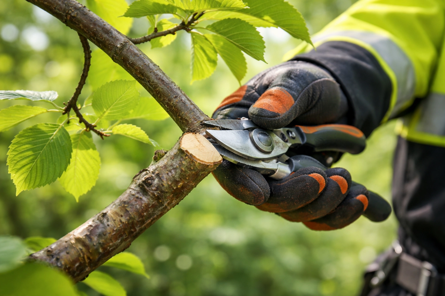 Close-up of a tree surgeonโs gloved hands making precise pruning cuts during crown reduction