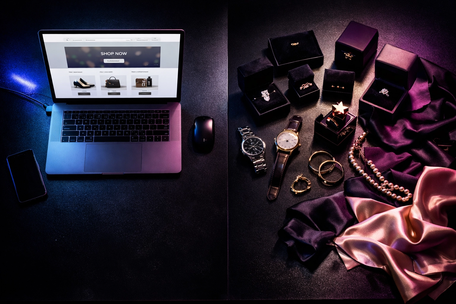 Luxury products beside laptop showing generic e-commerce template highlighting disconnect for premium retailers