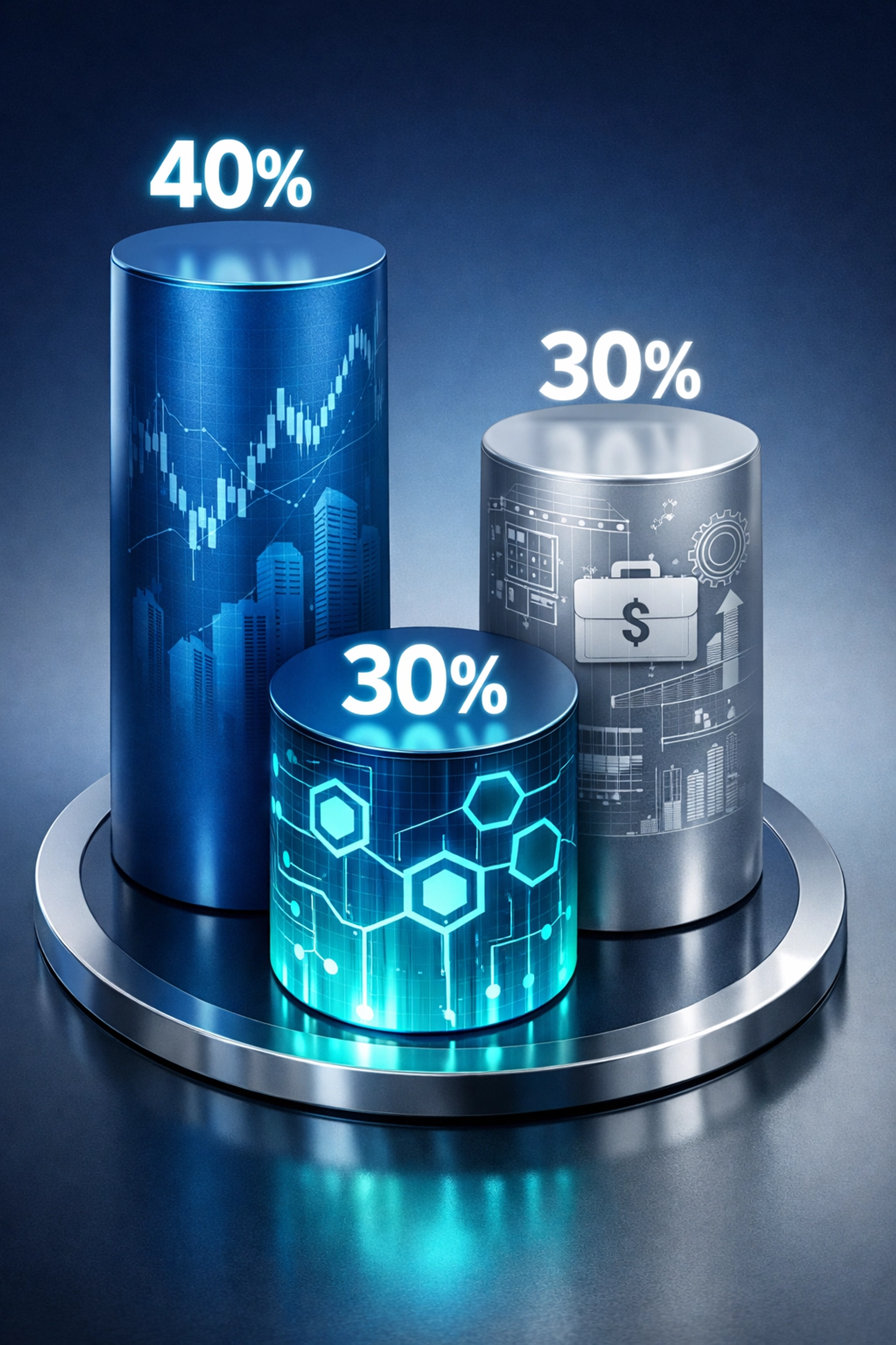 Three pillars illustrating 40/30/30 portfolio allocation model for accredited investors