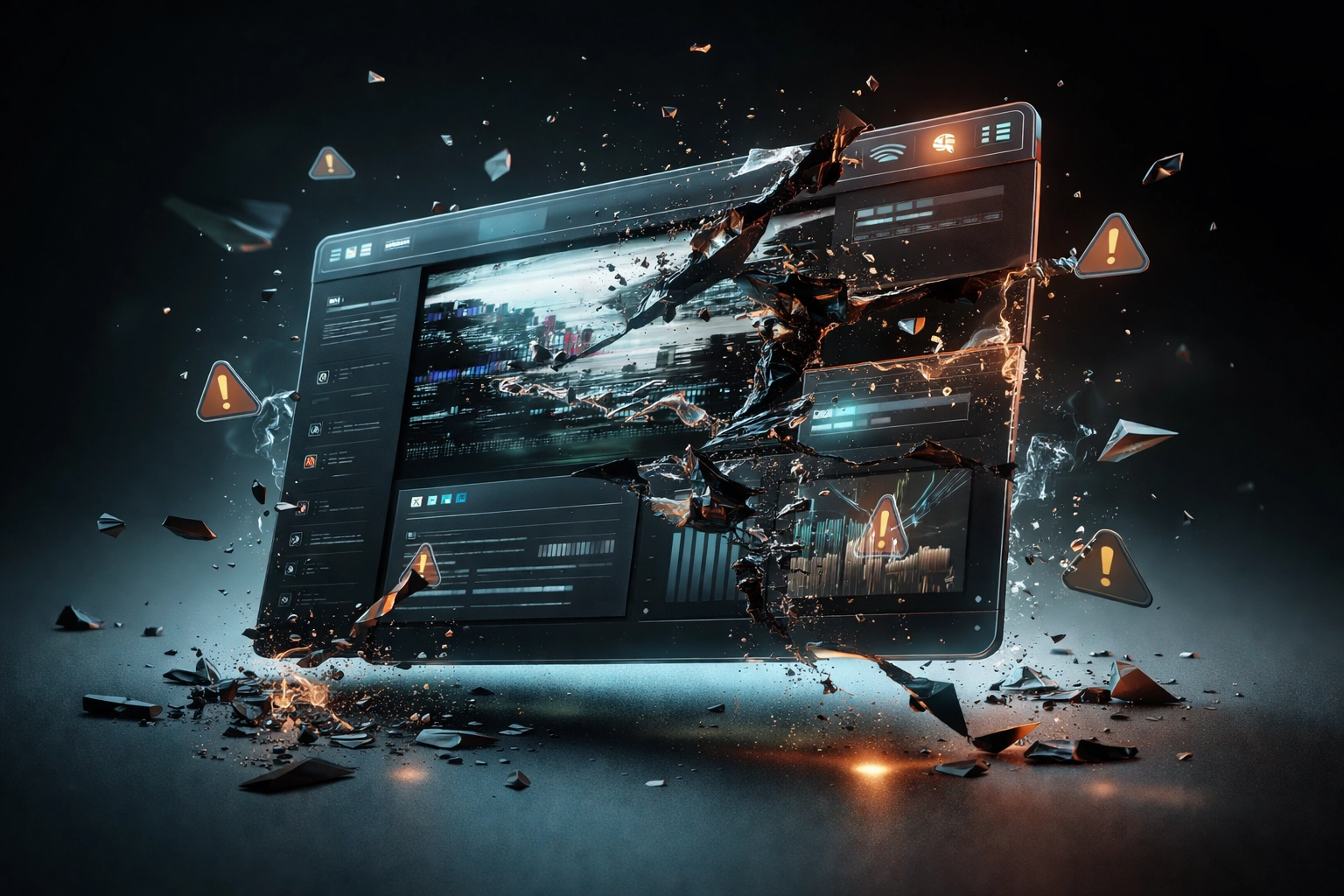Compromised WordPress website interface showing warning signs and glitches, highlighting security breach risk.
