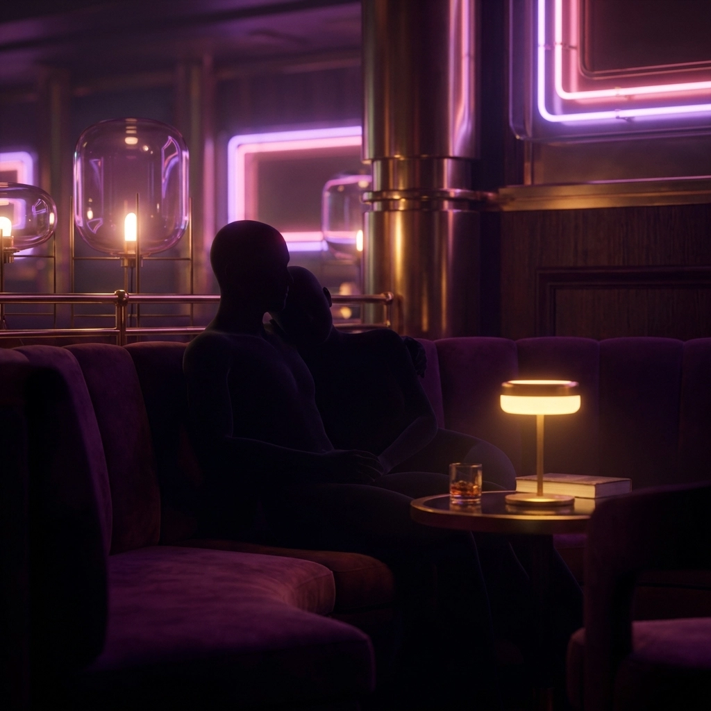 Two partners sit closely on a velvet couch in moody neon lighting, symbolizing vulnerability and communicating kinks.
