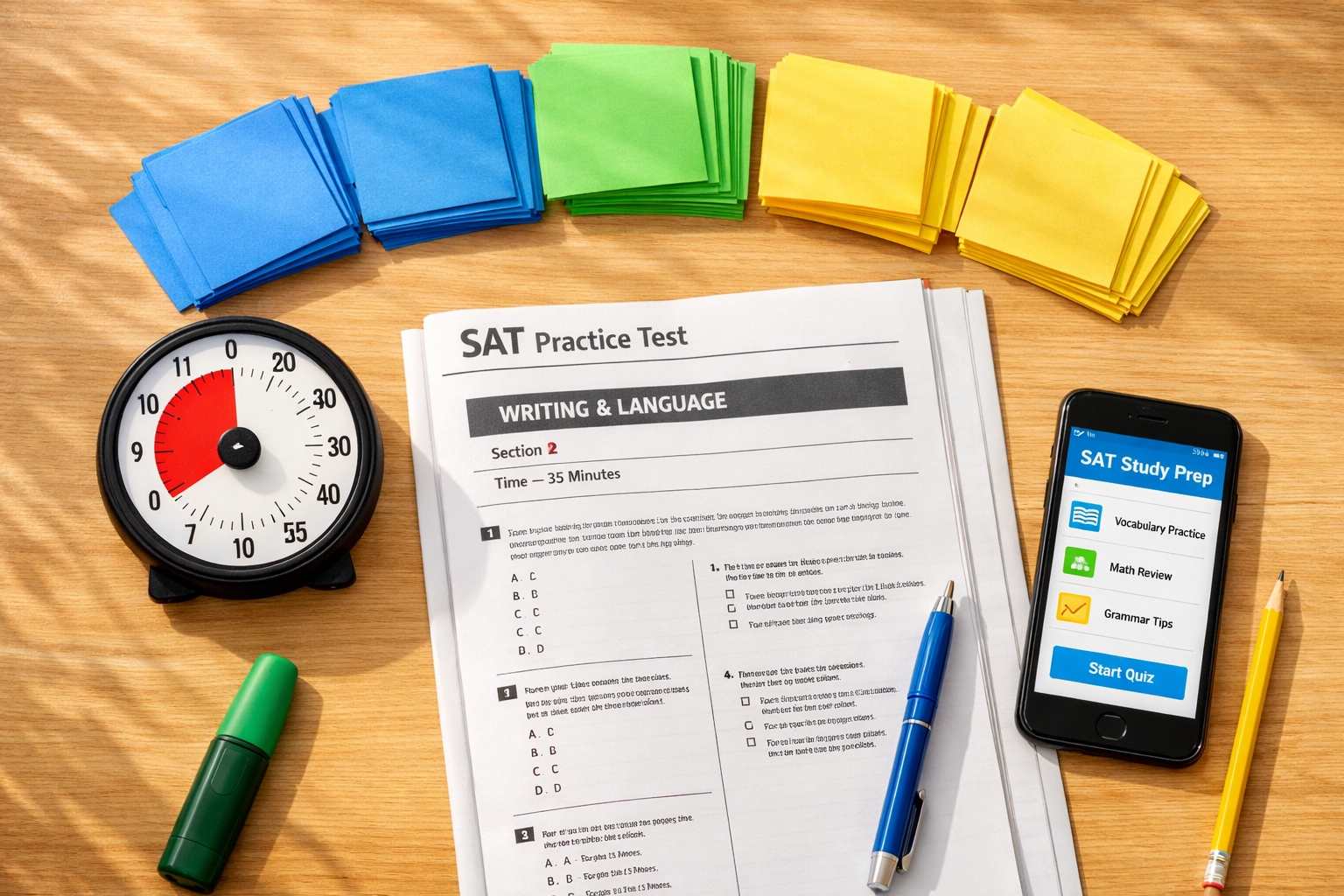 Organized SAT Writing study setup with flashcards, timer, and practice materials