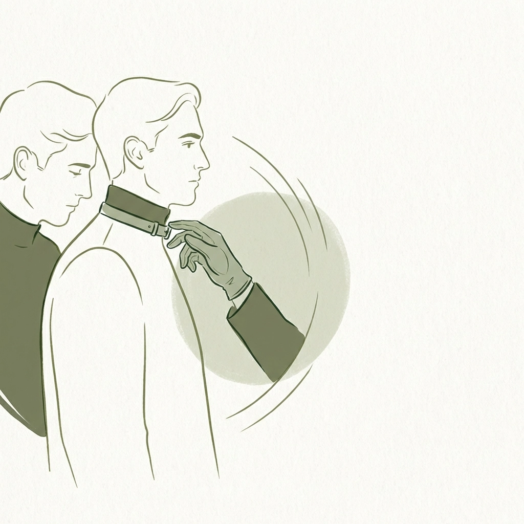 Man adjusting latex collar on partner at rubber night club - intimate MM fetish connection