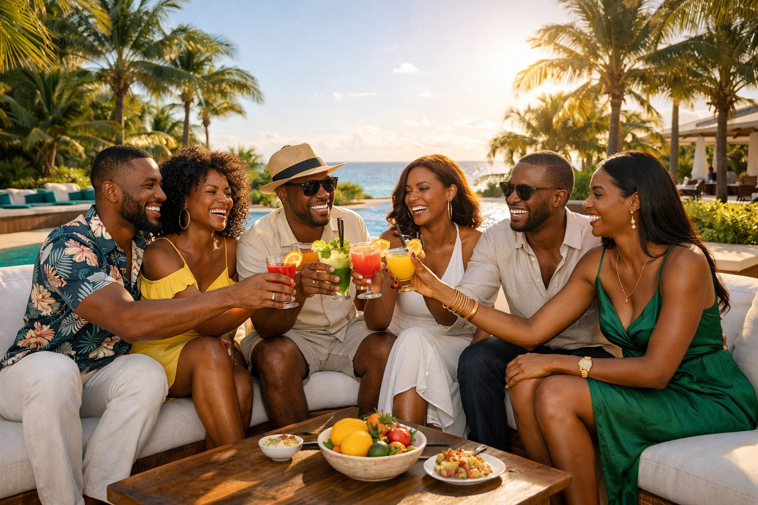 Group of couples enjoying cocktails at a luxury adults only lifestyle resort in the Caribbean.