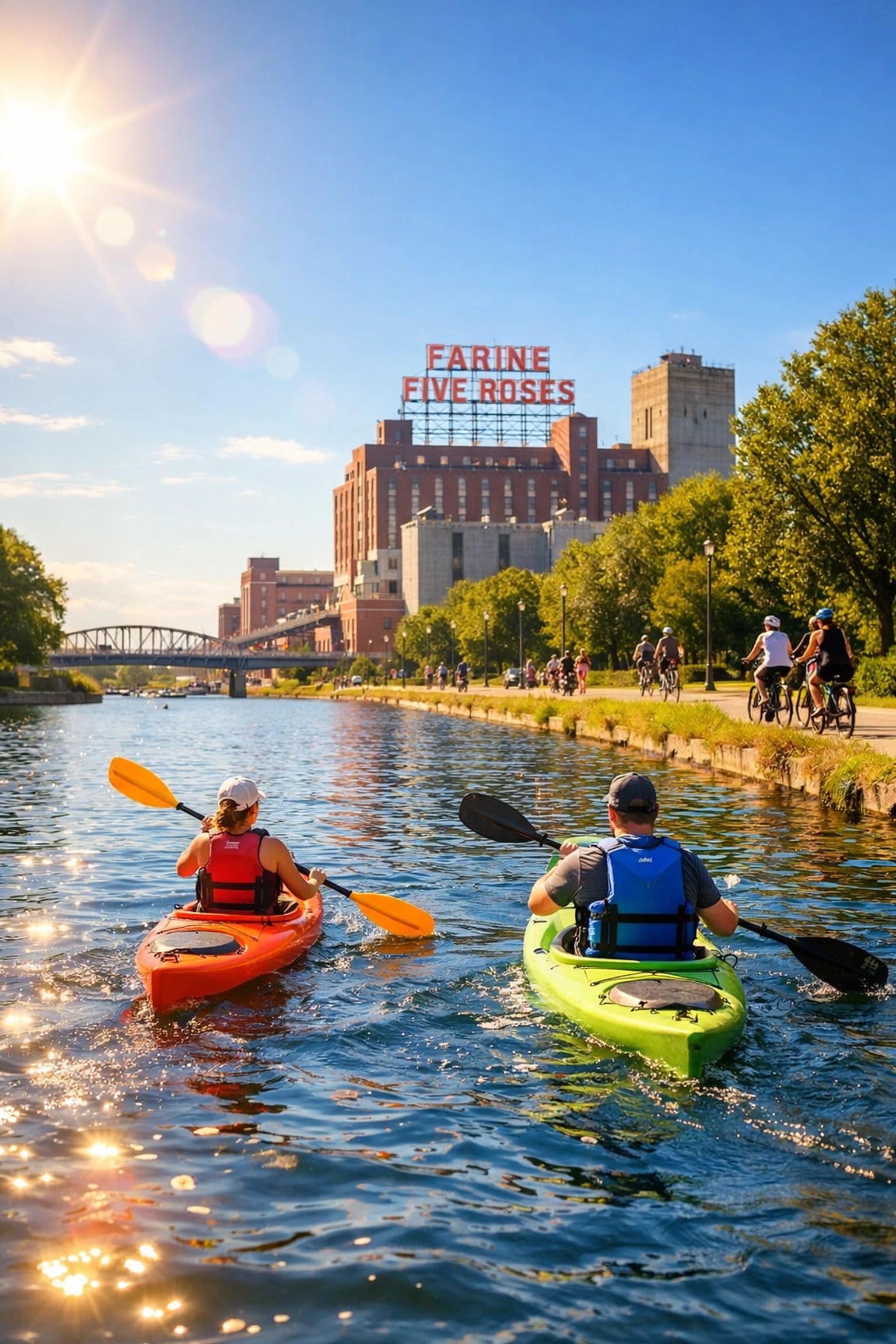 Kayaking and cycling along the scenic Lachine Canal with the iconic Farine Five Roses sign in Montreal.