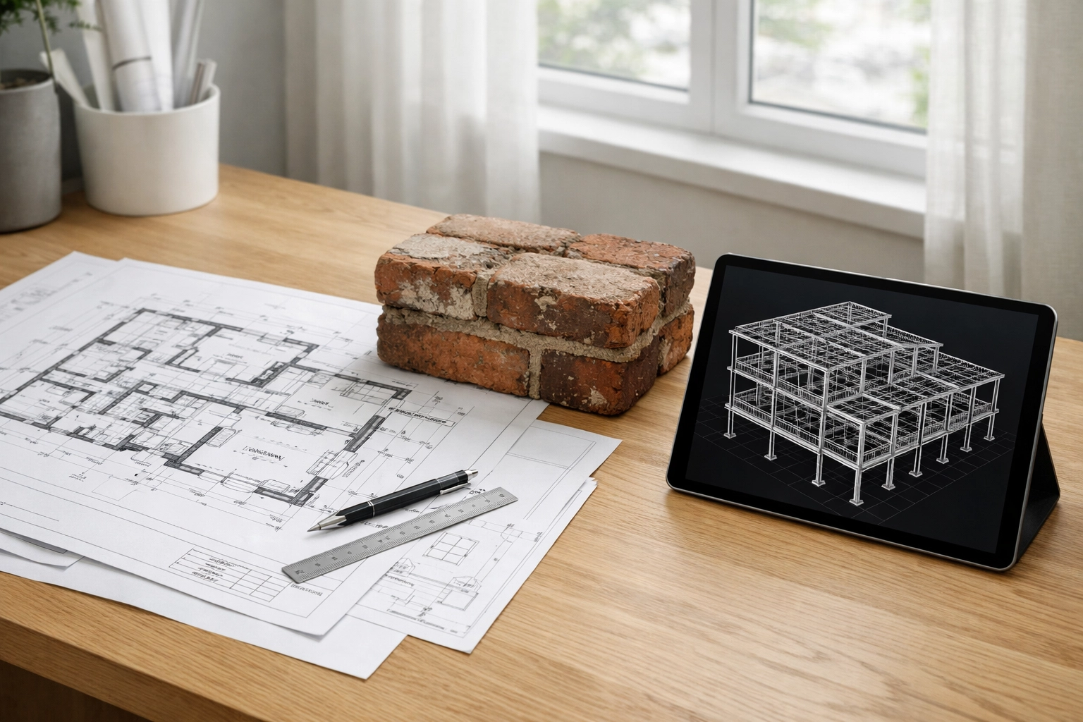 London architectural plans and structural design on a desk in a bright design studio.