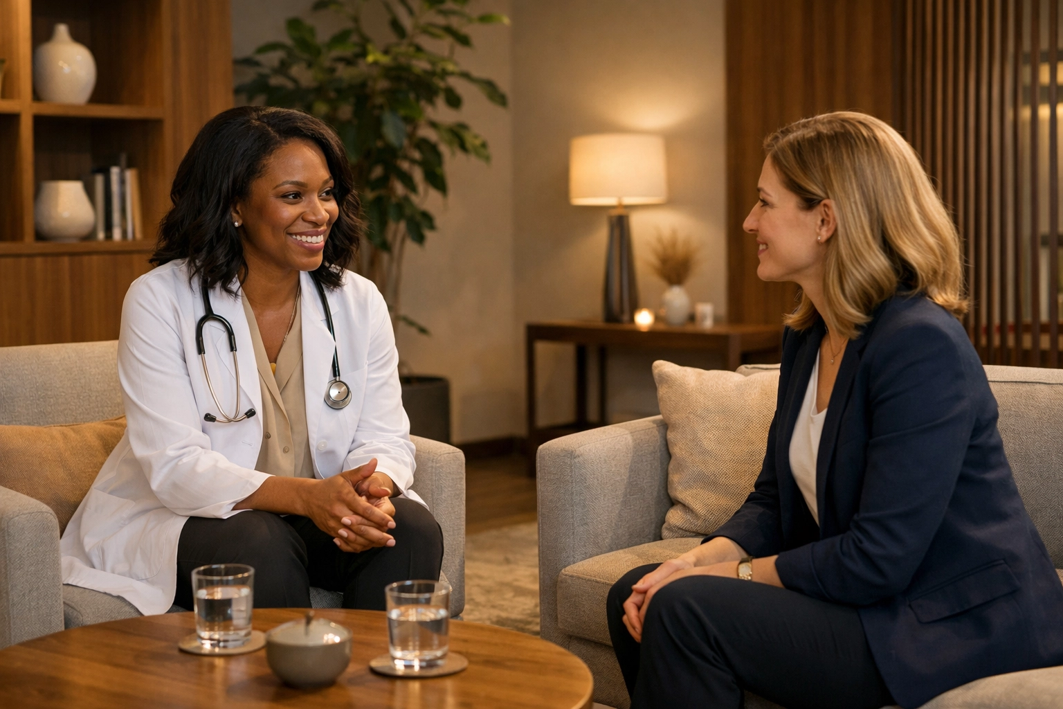 A tranquil consultation lounge at Solshine Wellness Group where we discuss your personalized health plan.