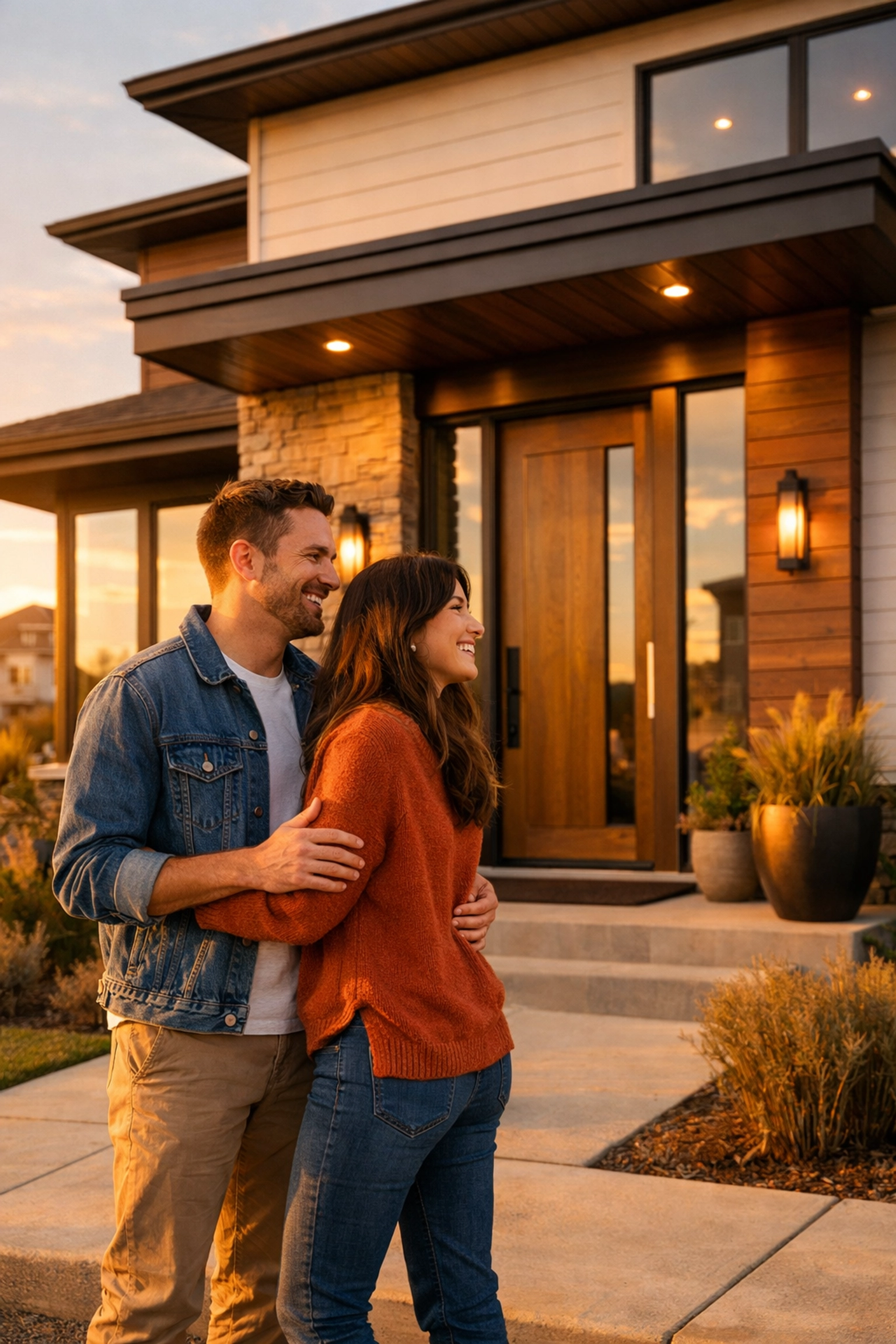 Happy couple looking at a modern Aurora home after finalizing a strategic real estate offer.