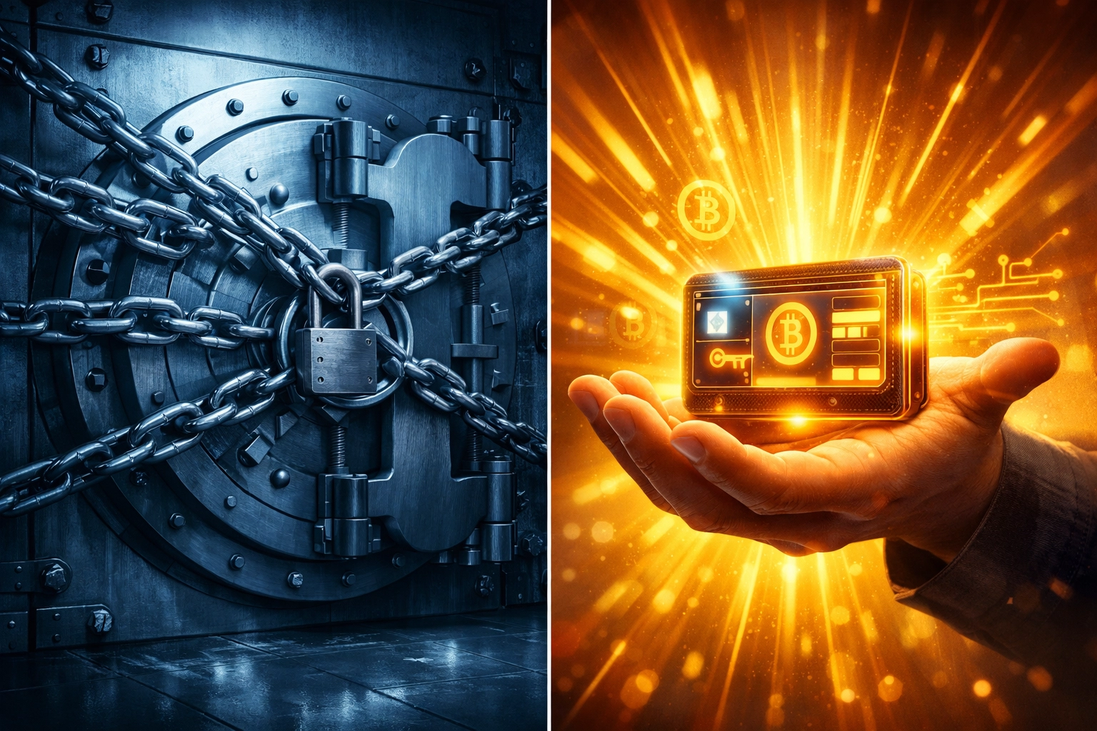 Self-custody crypto wallet vs traditional custodial banking showing merchant financial freedom