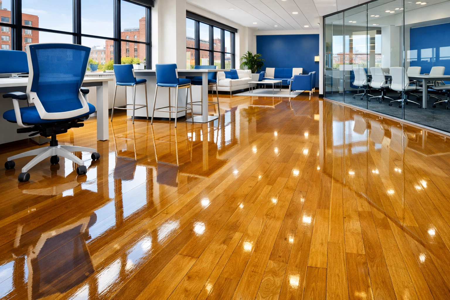Polished hardwood floors in a Canal District office, highlighting expert office cleaning Worcester services.