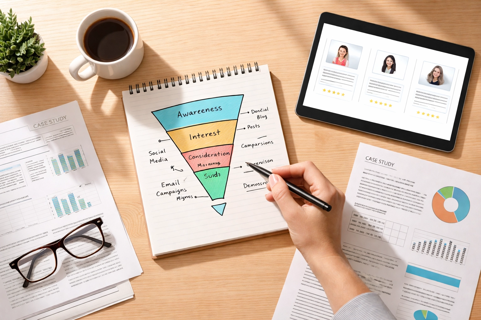 Overhead view of marketer's desk with funnel diagram, testimonials, and case studies, showcasing marketing strategies.