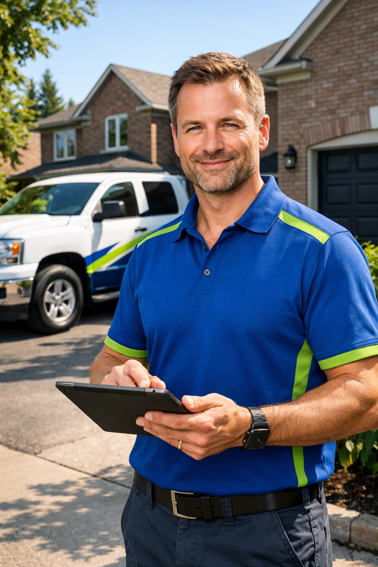 Looking for a Stress-Free Estate Cleanout in Newmarket? Here Are 10 Things You Should Know Junk GTA owner Roman K reviewing a residential estate cleanout project on a tablet in a Newmarket driveway.